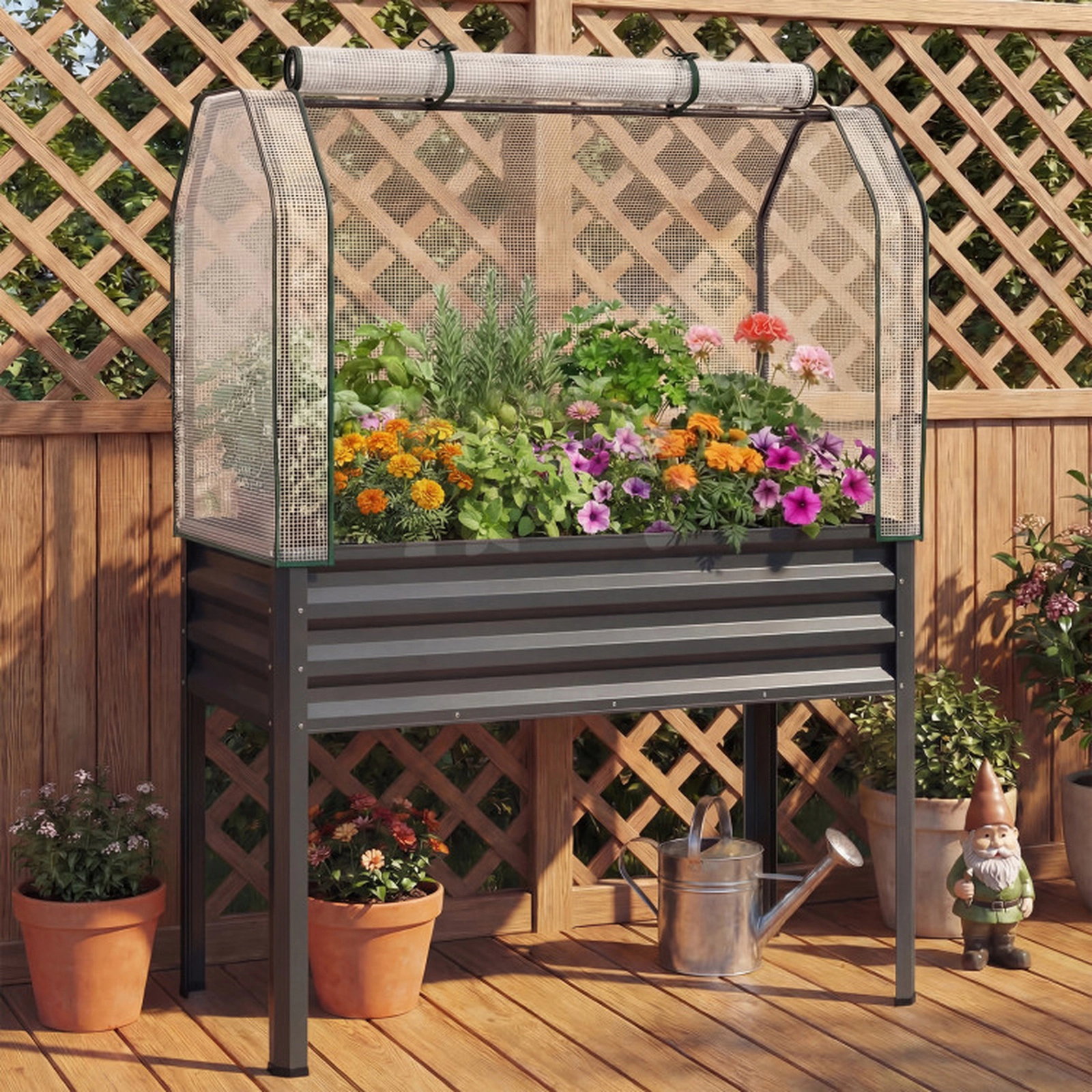 SUGIFT Raised Garden Bed with Legs and Greenhouse Cover 175-lb Capacity Gray