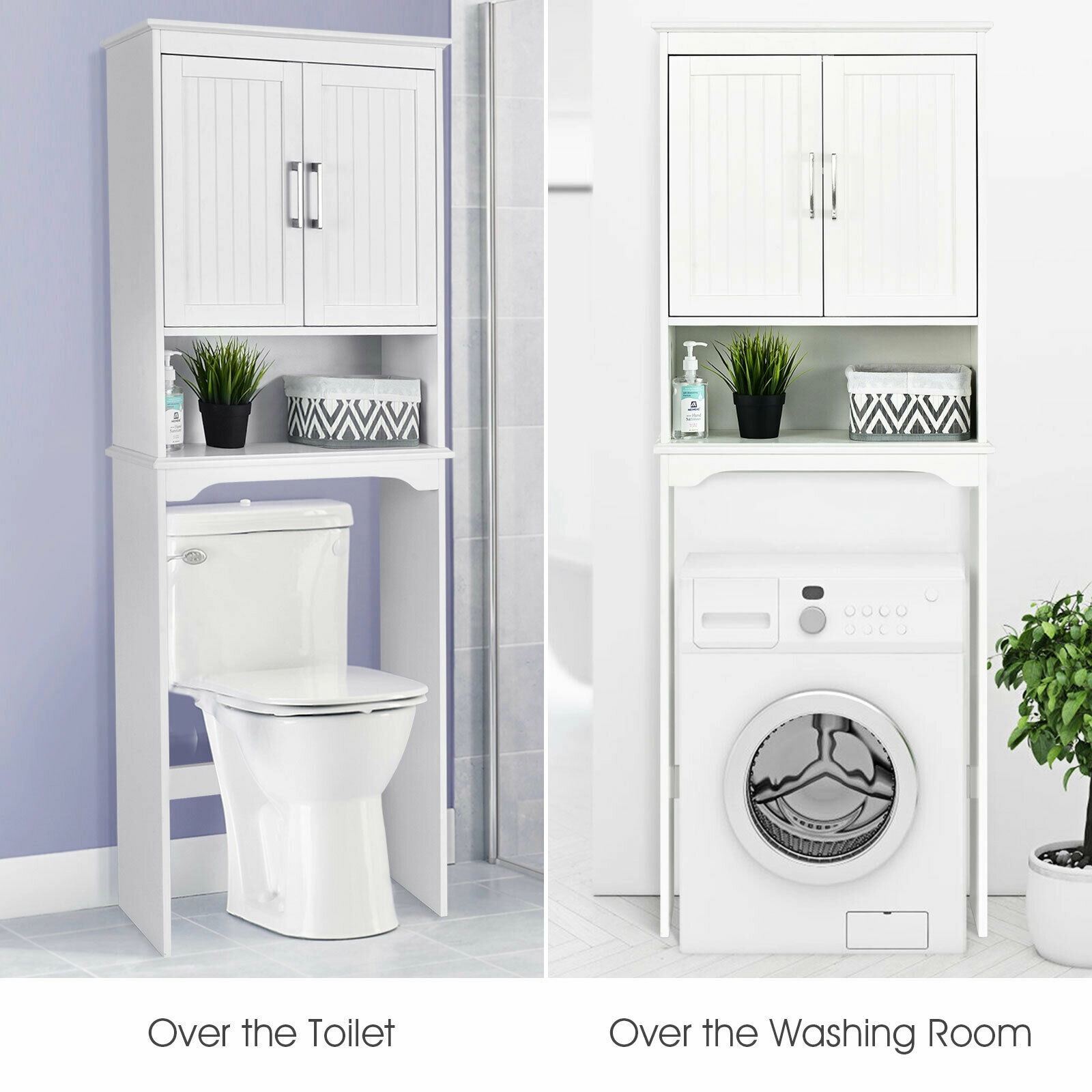SUGIFT Over Toilet Space Saver White Bathroom Organizer with Storage Cabinet and Open Compartment