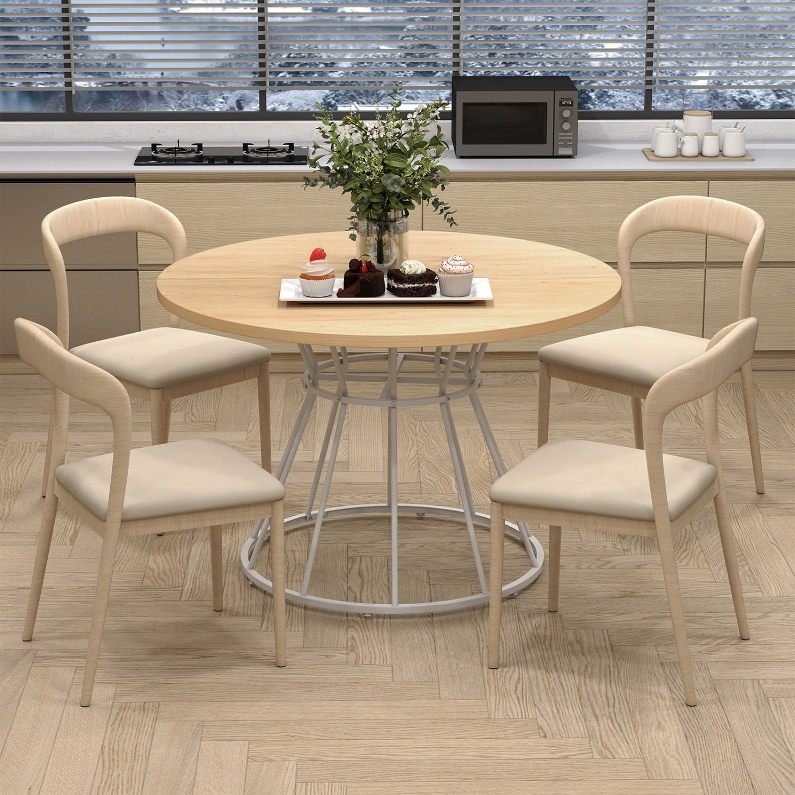 SUGIFT 47-in Round Farmhouse Dining Table for 4 with MDF Tabletop and Metal Frame 200-lb Capacity Natural+White
