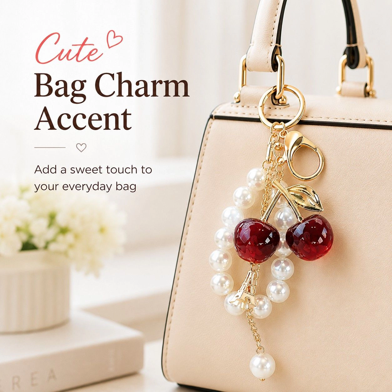 Alilang Women's Cherry Bag Charm Keychain with Faux Pearl Loop and Gold-Tone Clips, Burgundy