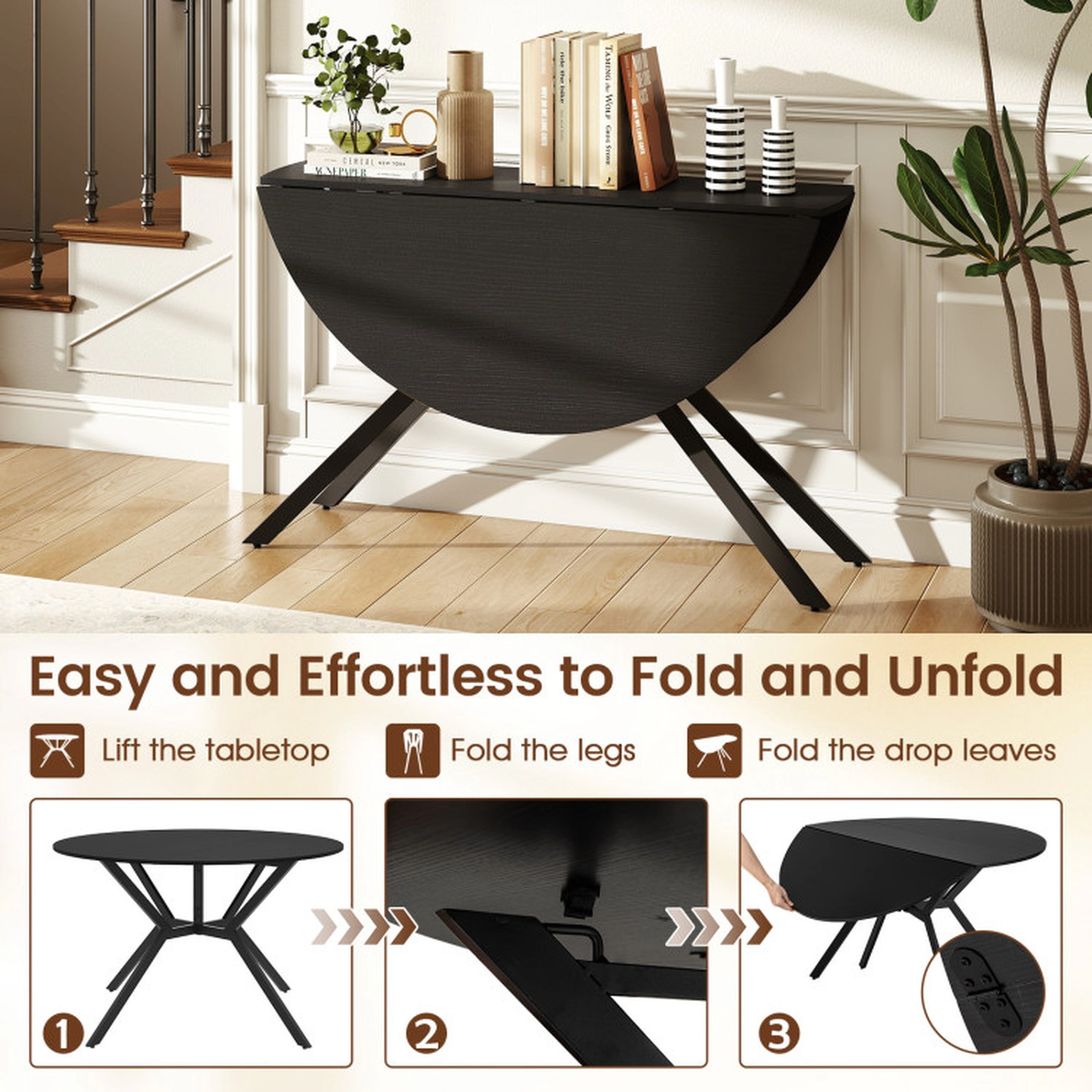 SUGIFT Folding Extendable Round Dining Table with Drop Leaves 200-lb Capacity 47-in Top 36.5-lb Metal MDF Black