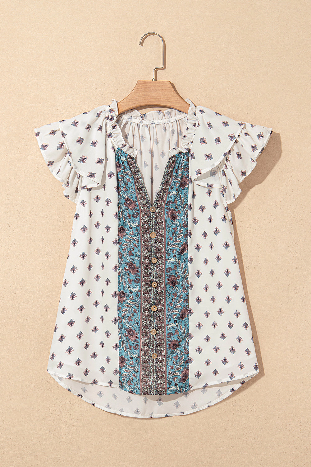 Threaded Pear Women's Aria Boho Pattern Ruffled Sleeve V Neck Buttoned Blouse