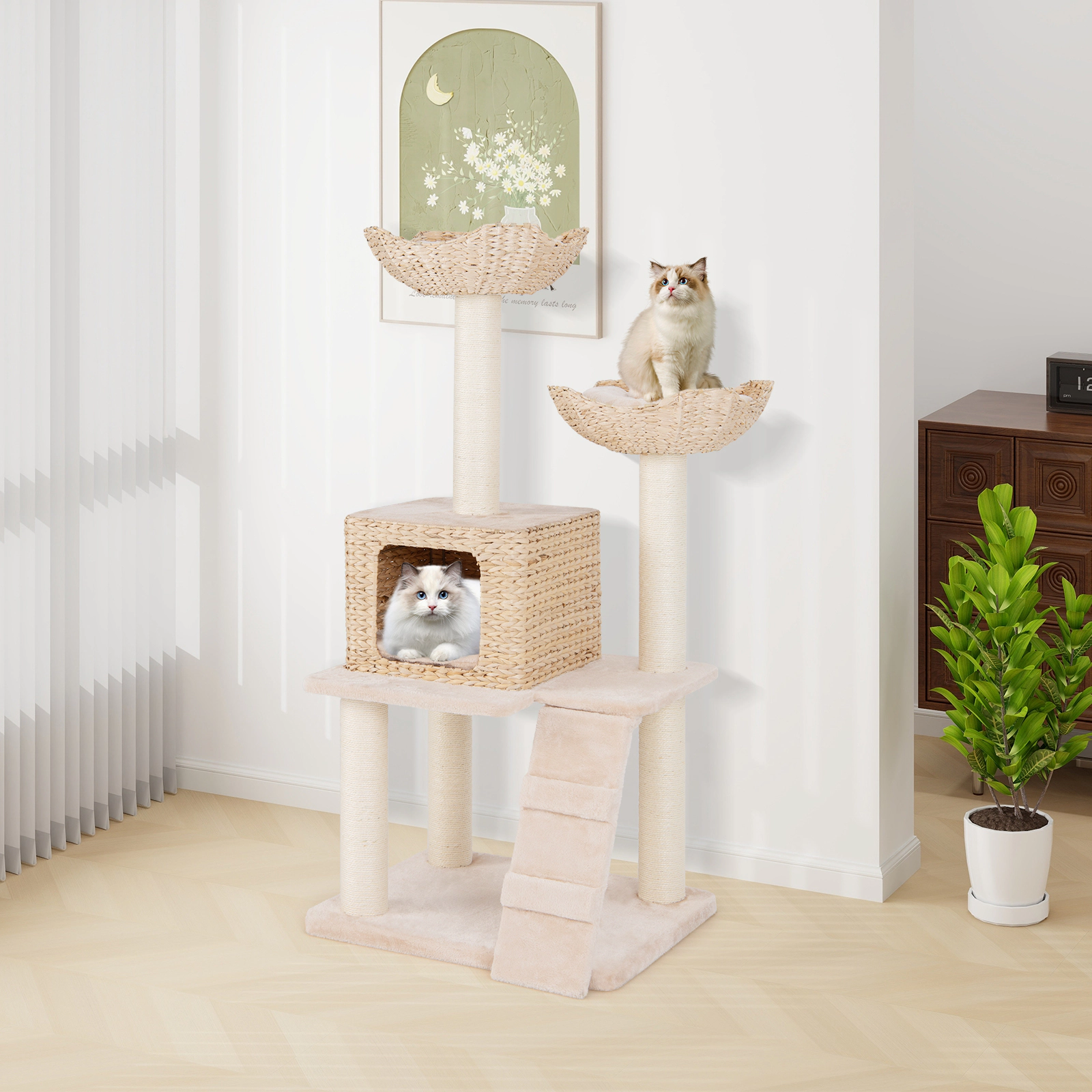 SUGIFT Beige 48 in Cattail Cat Tower with 5 Sisal Posts Perch Condo and Ladder