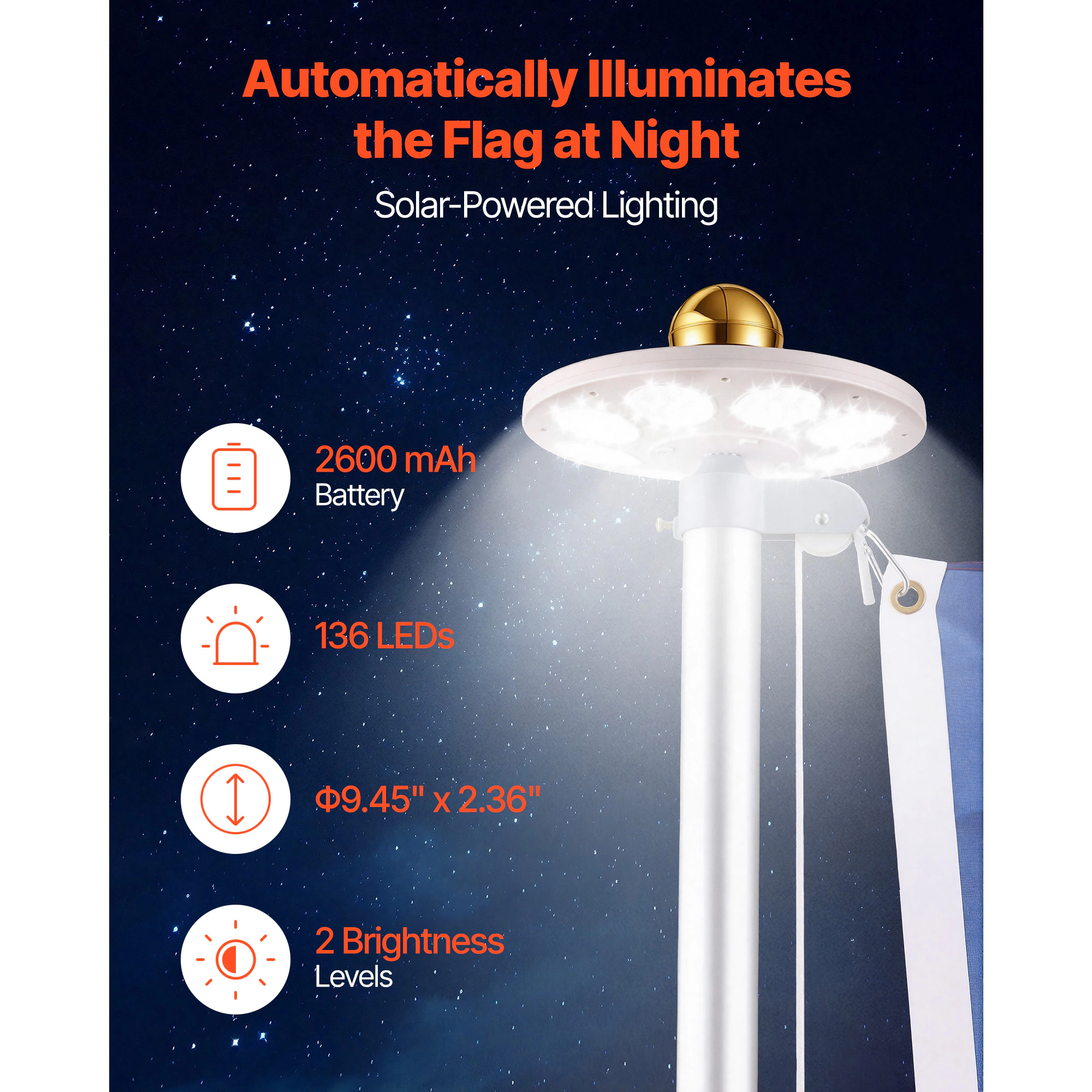 HONGGE 20 ft Sectional Flagpole Kit with Solar LED Light, Heavy Duty Aluminum In-Ground Pole, 3x5 Flag