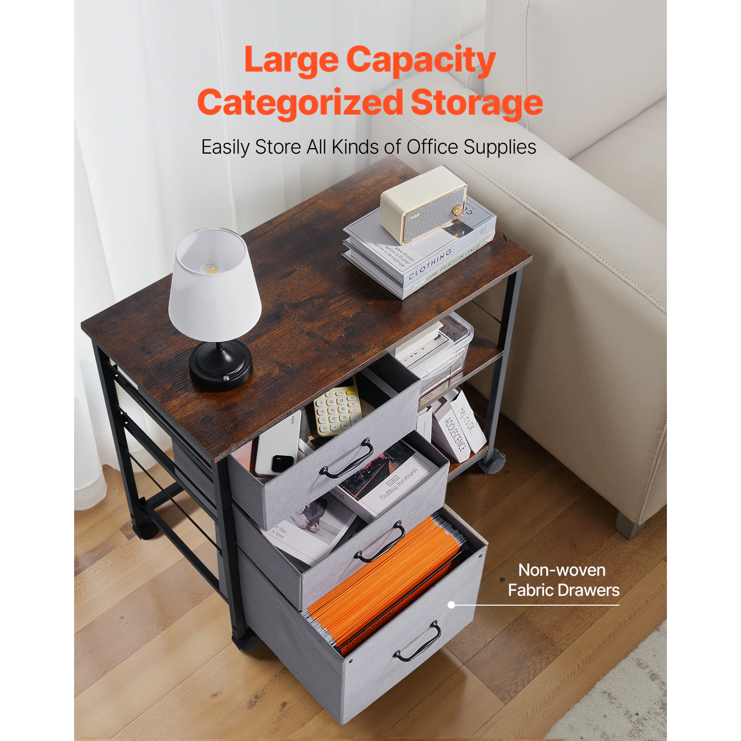 HONGGE Metal File Cabinet Mobile Filing Cabinet with 3 Fabric Drawers and 2 Open Shelves Wooden Vertical Filing Storage