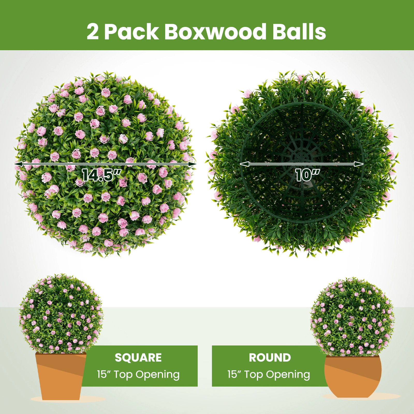 SUGIFT 2-Piece Rose Blossom Gradient Leaf Artificial Boxwood Topiary Balls 14.5-in Outer 10-in Inner 3-lb Pink