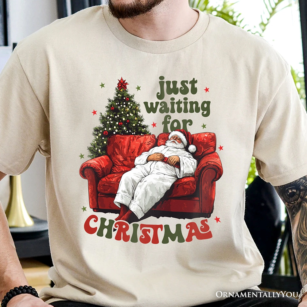 OrnamentallyYou Mens Funny Fat Santa "Just Waiting For Christmas T-Shirt
