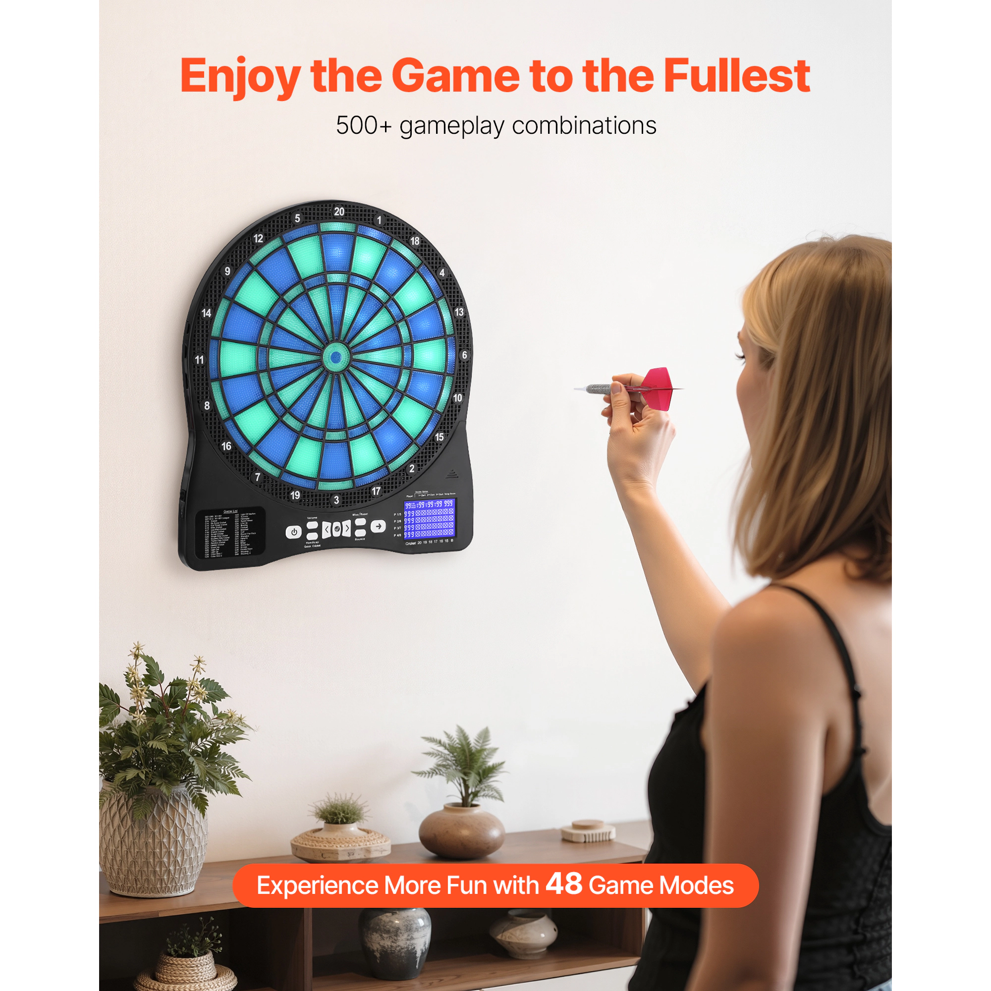 HONGGE 13.5-Inch Electronic Dart Board with LED-Lit Target and LCD Scoring Screen, 48 Games for 8 Players