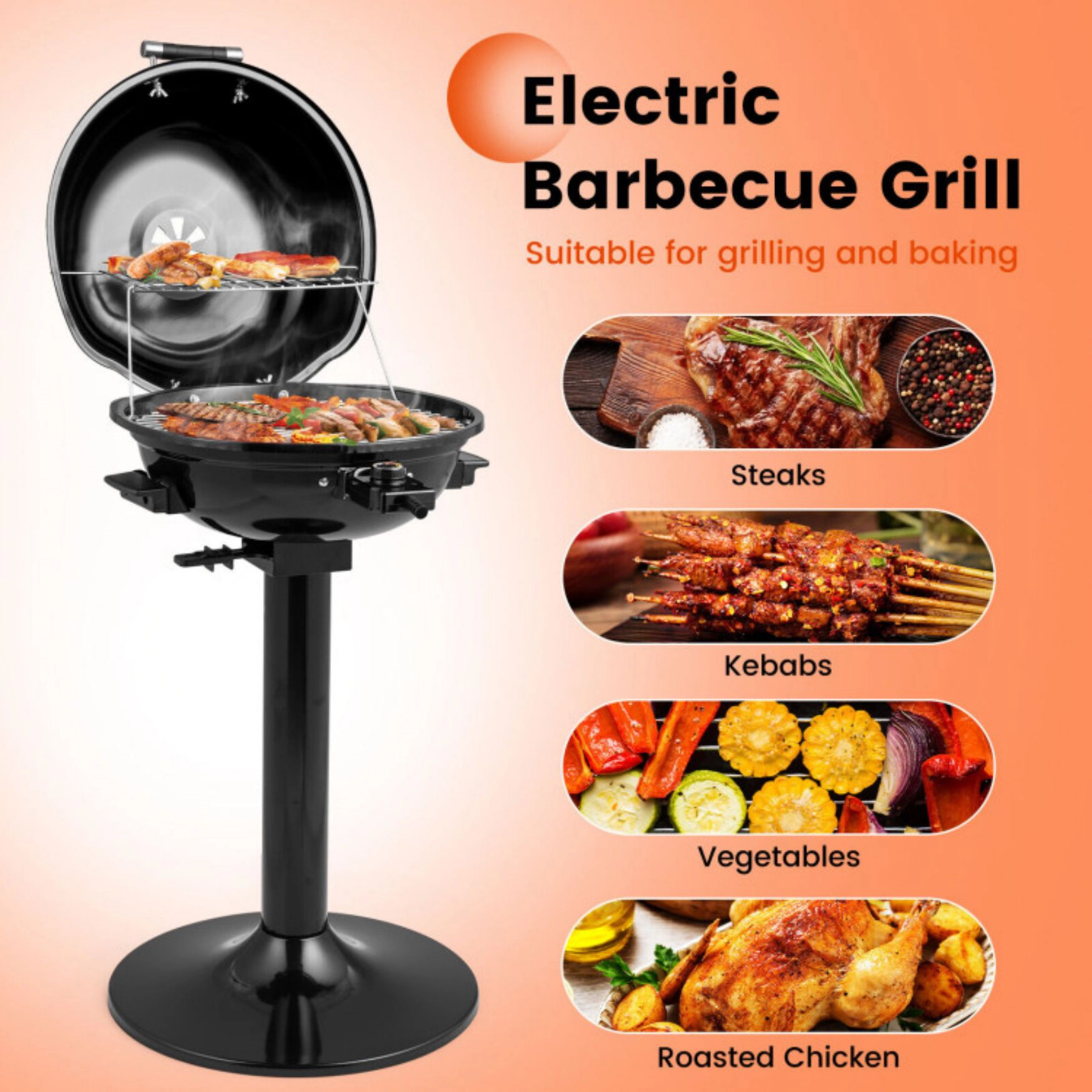 SUGIFT 1600W Electric BBQ Grill Adjustable 200-425 F Temperature Removable Warming Rack 15-in Grill Surface Black/Red