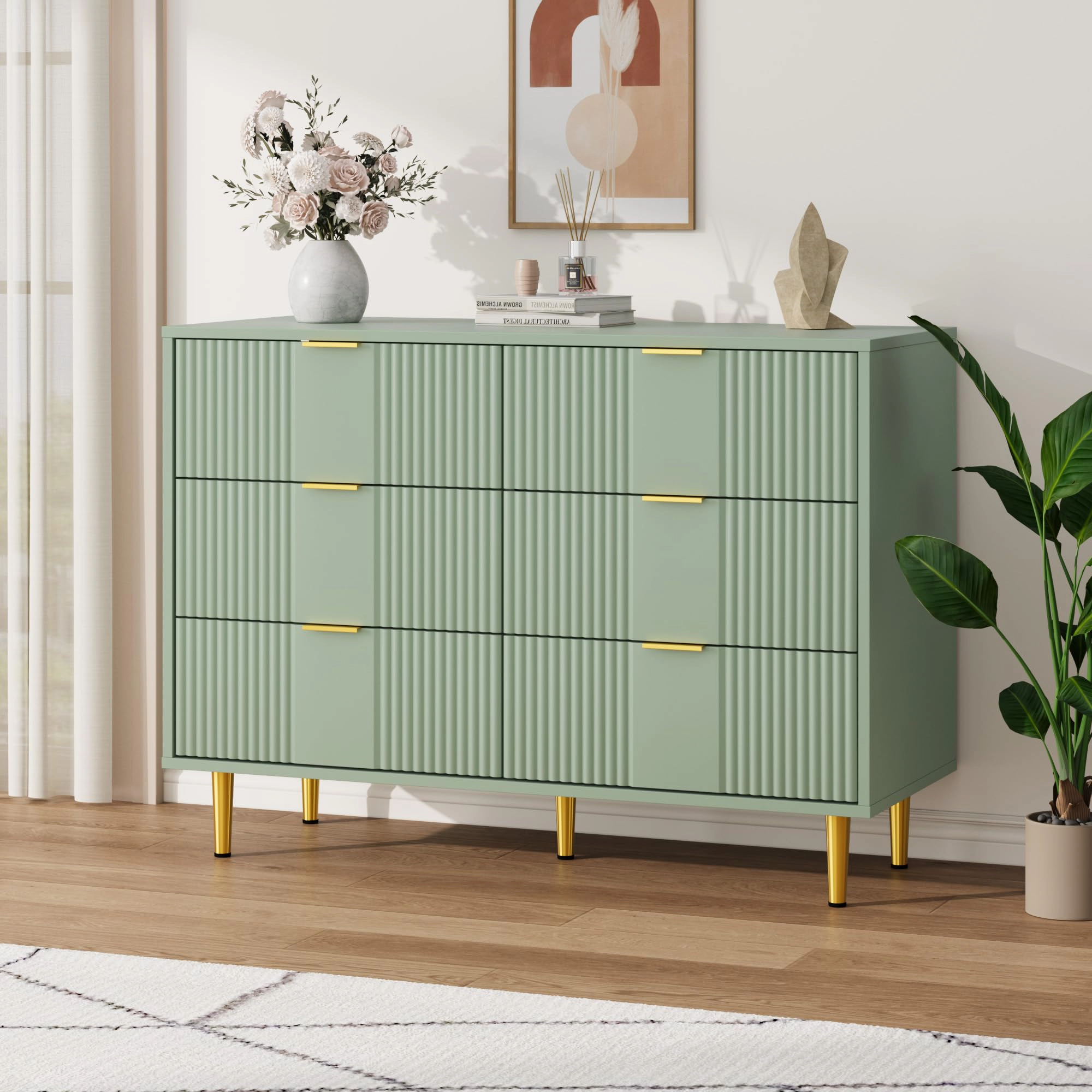 39.4" Fluted 6 Drawer Dresser with Metal Handles, Modern Wood Storage Chest for Bedroom