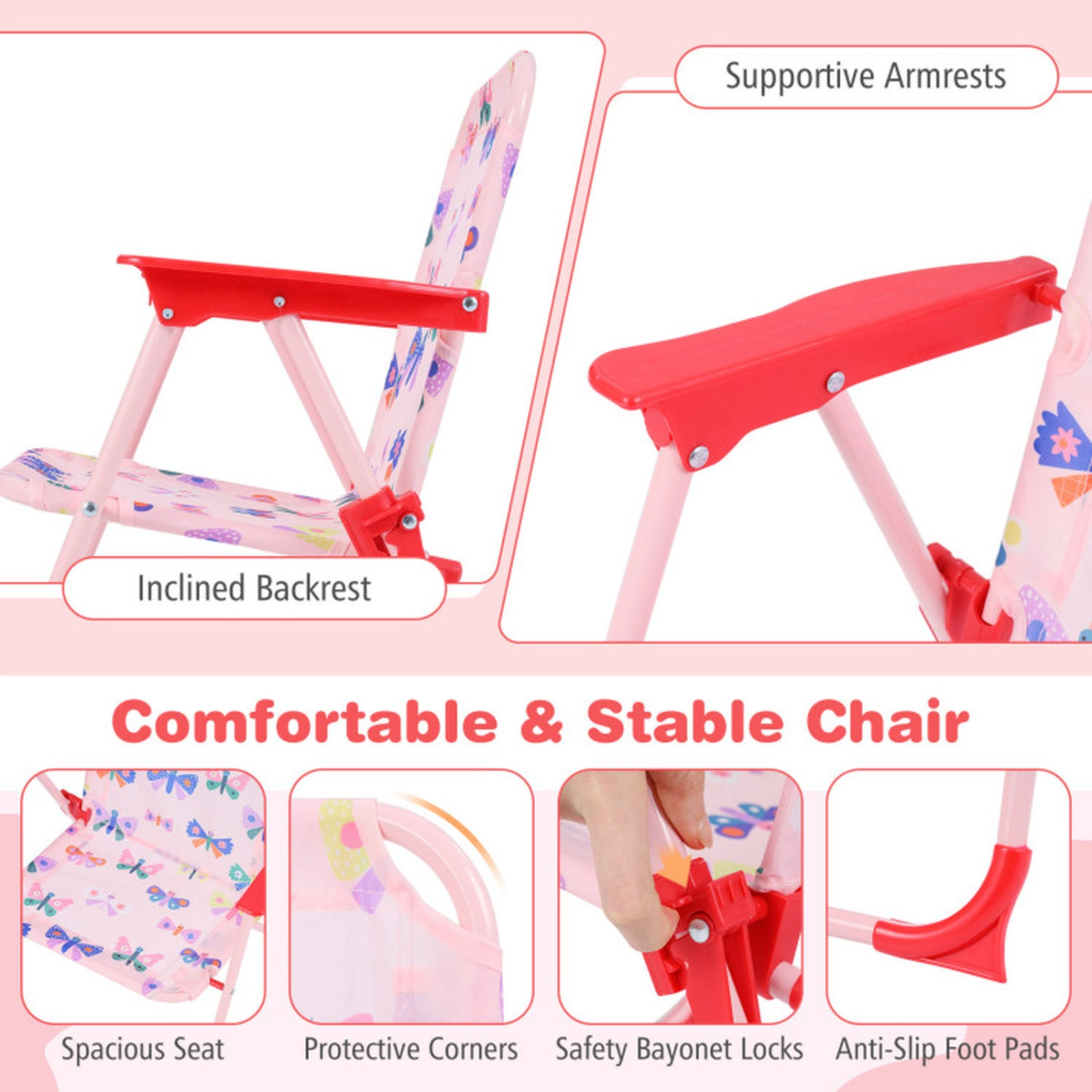 SUGIFT Pink 2 Folding Chairs and Adjustable Umbrella Kids Outdoor Table and Chair Set
