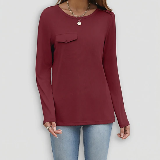 Zeagoo Women's Crew Neck Shoulder Button Chest Pocket Long Sleeve T-shirt