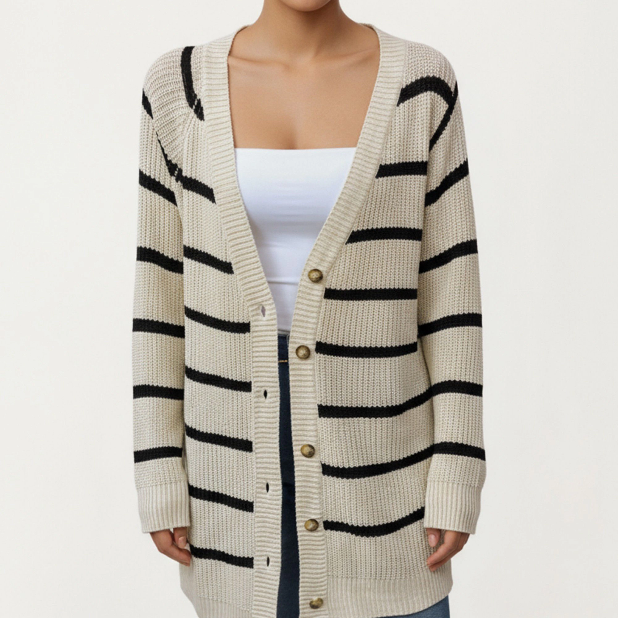 Anna-Kaci Women's Long Sleeve Striped Knit Cardigan with Button Front and Ribbed Trim