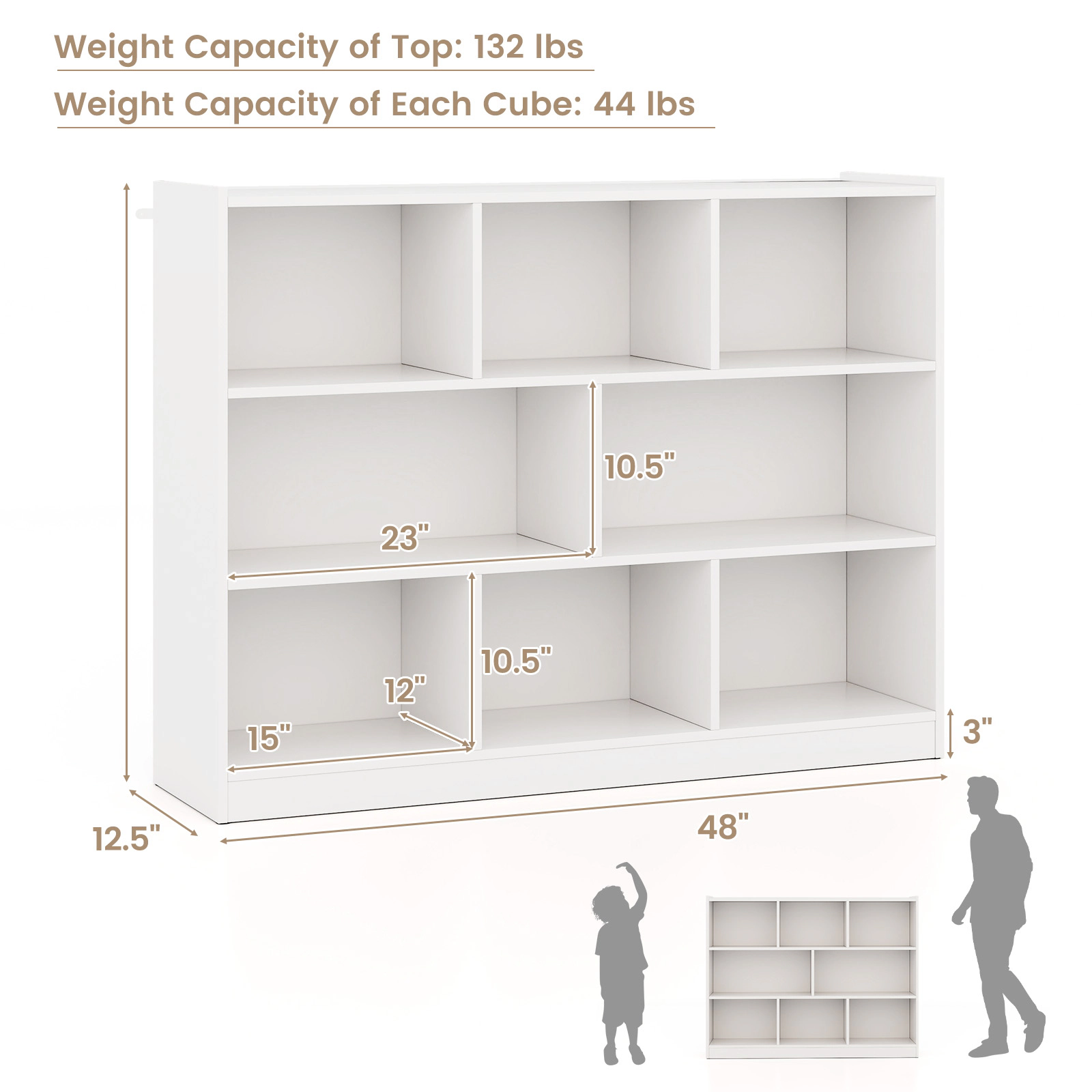 SUGIFT 3-Tier 8-Cube Engineered Wood Floor Standing Bookcase 132-lb Top Capacity 48-in Wide Storage Shelves White
