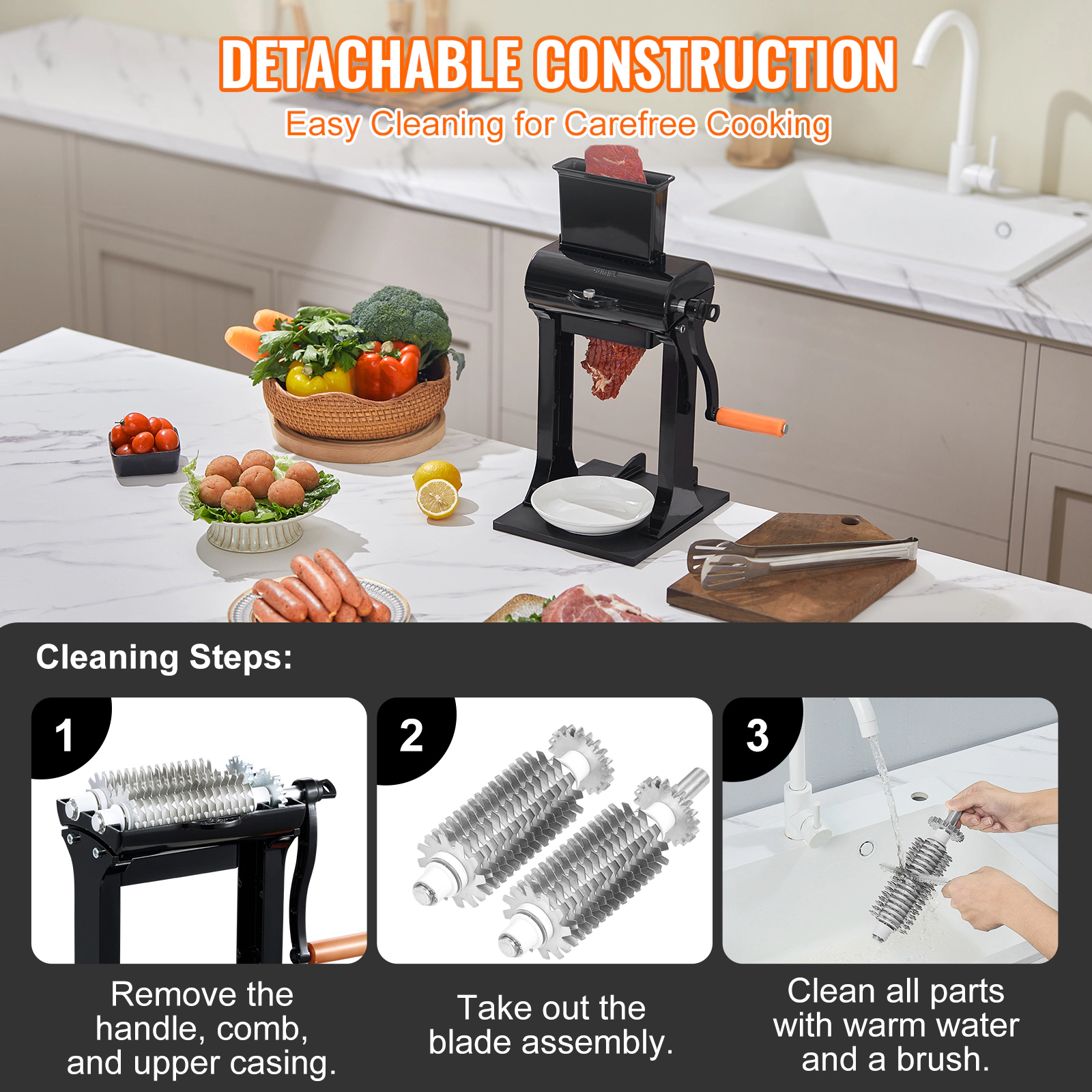 HONGGE Commercial Meat Tenderizer, Heavy Duty Stainless Steel Kitchen Tool with Tong, Cleaning Brush