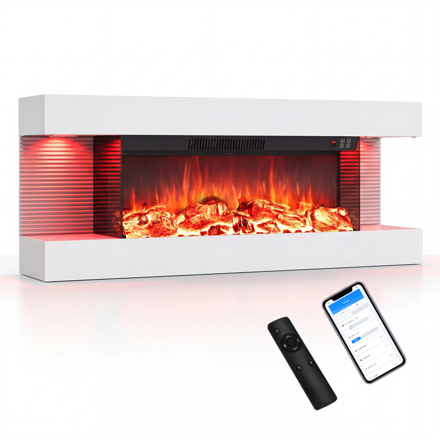 LJG 3-Sided White Wall Mount Electric WiFi Fireplace with Floating Mantel and 12 Flame Ambient Colors