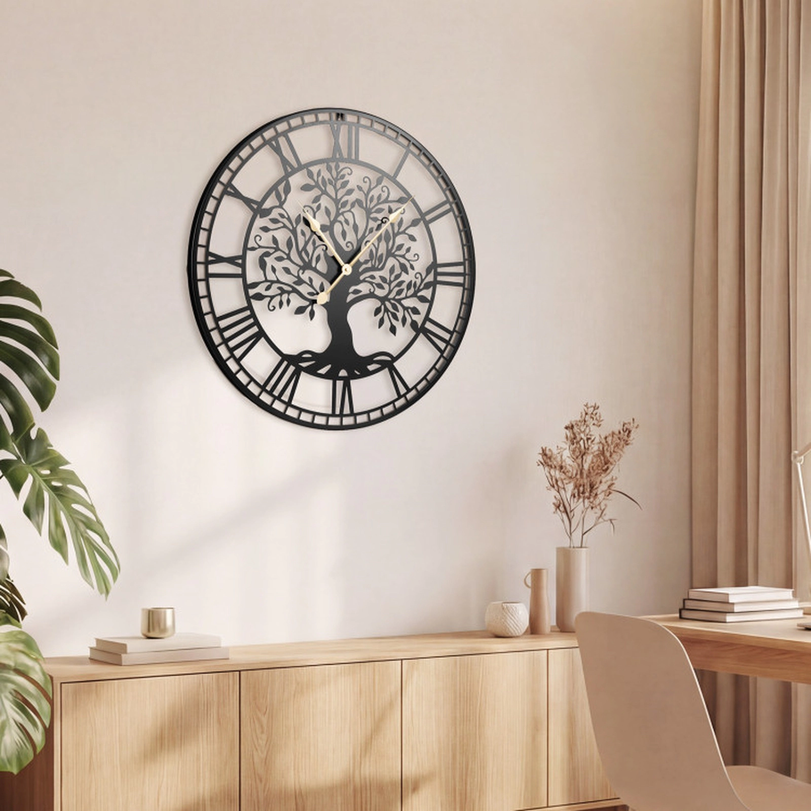 SUGIFT 27-in Tree of Life Metal Wall Clock with Non-Ticking Quartz Movement Black