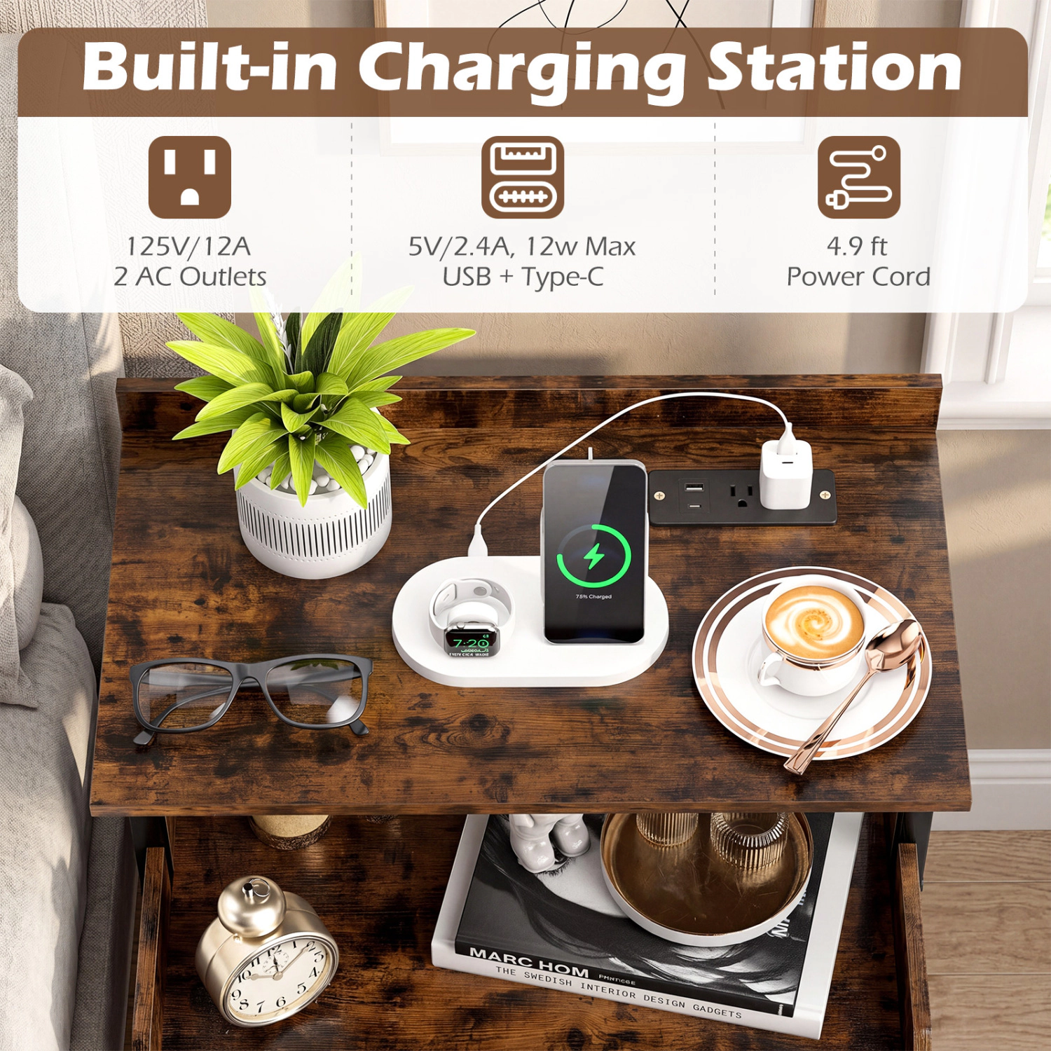 Hivvago Wall-mounted Nightstand with LED Lights and Charging Station for Bedroom