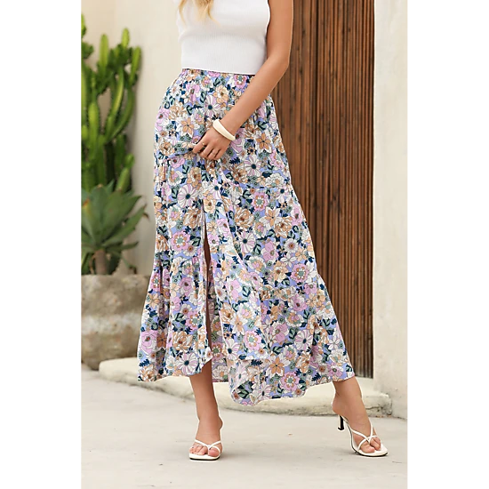 Threaded Pear Women's Amira Print Tiered Maxi Skirt