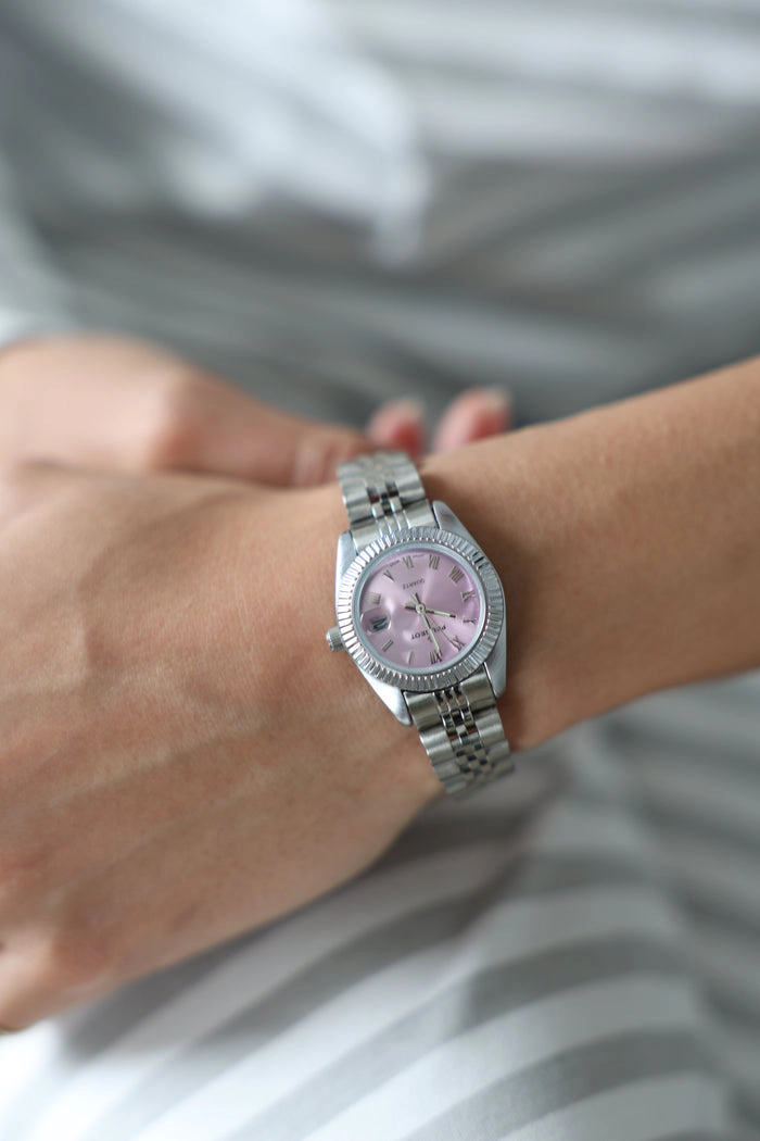 Peugeot Women's Silver-Tone 26mm Fluted Bezel Steel Bracelet Watch with Pink Dial