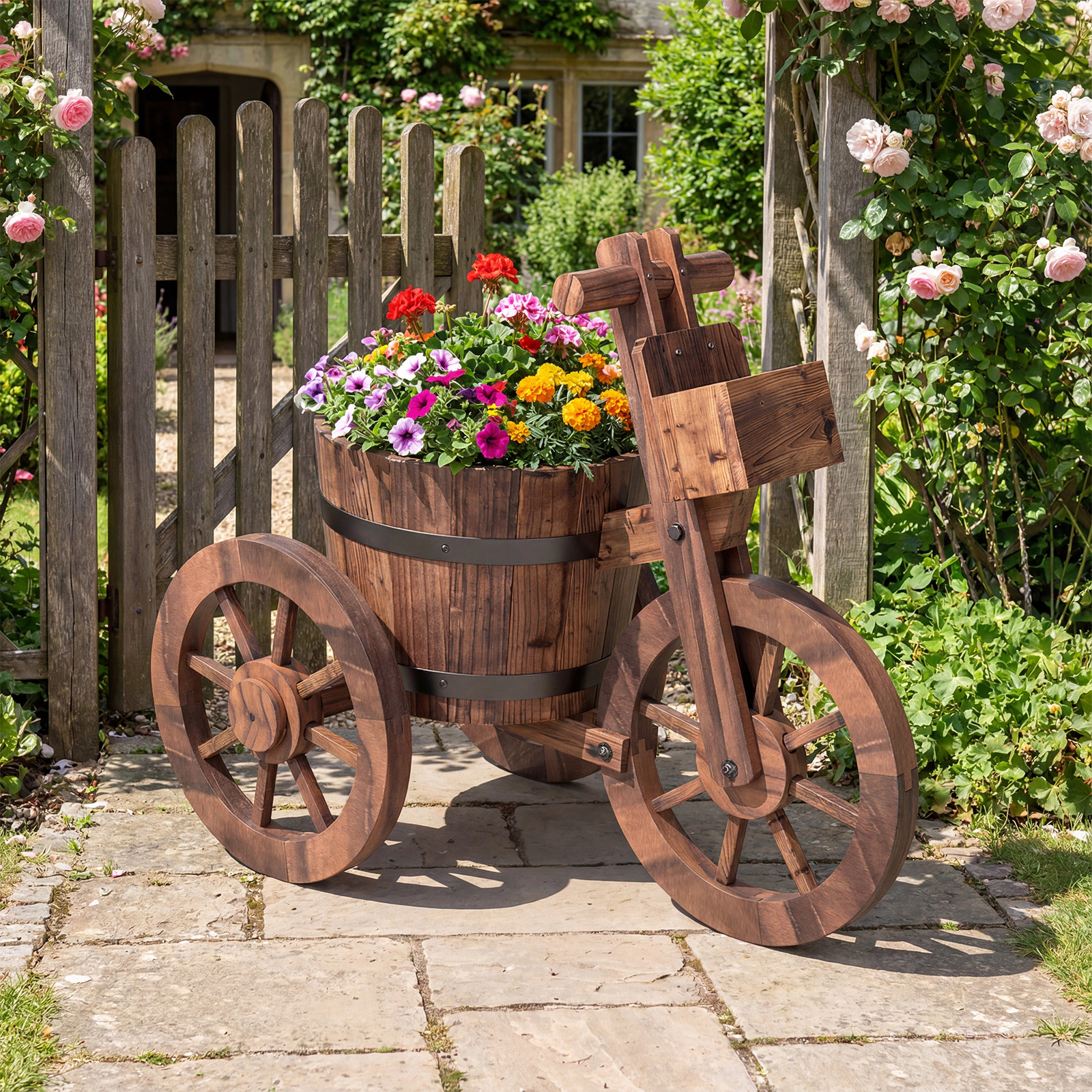 LJG Rustic Wood Tricycle Planter with Wheels and Storage Box