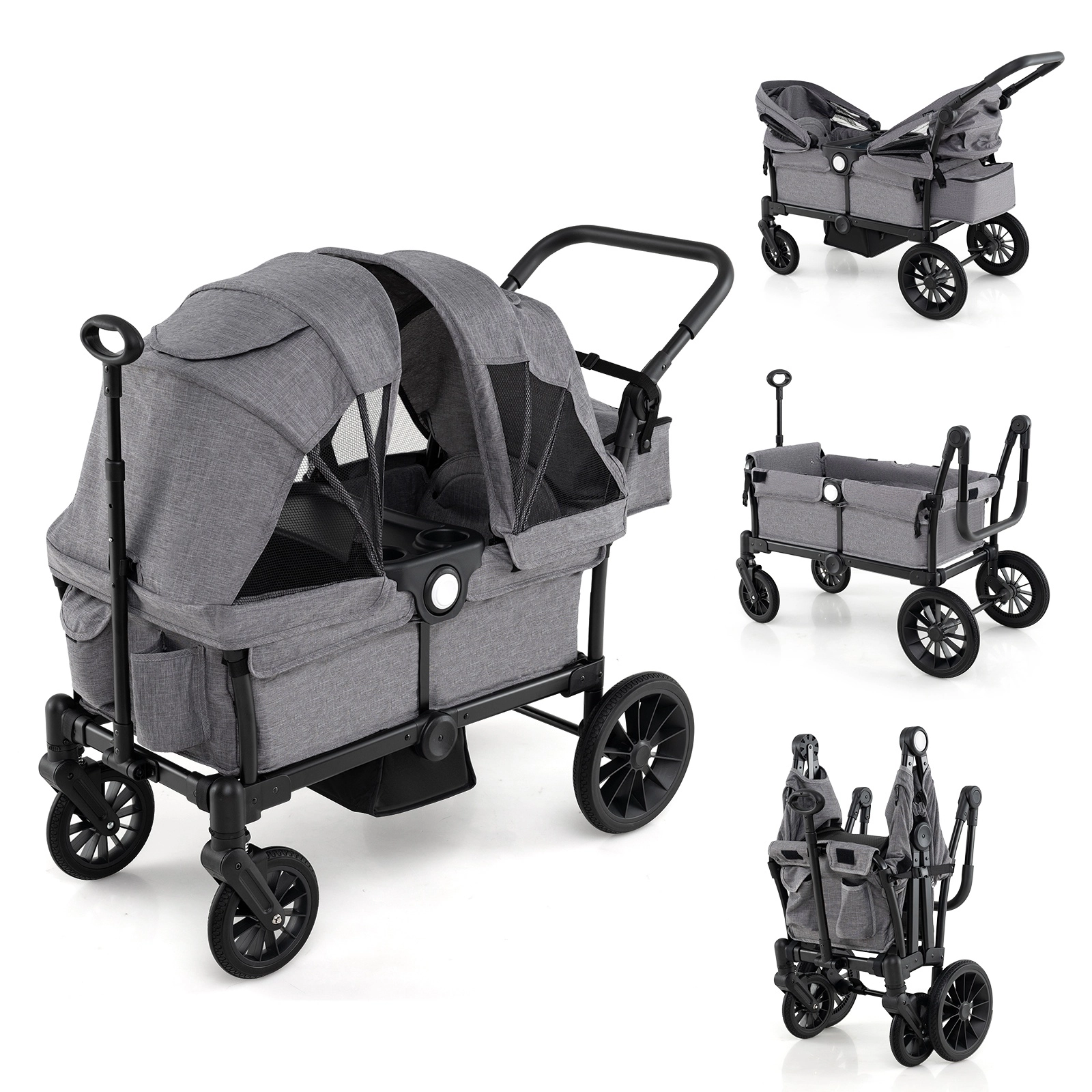 SUGIFT Gray 55-lb Per Seat 2-Seater Collapsible Push Pull Kids Wagon Stroller with Adjustable Handlebars