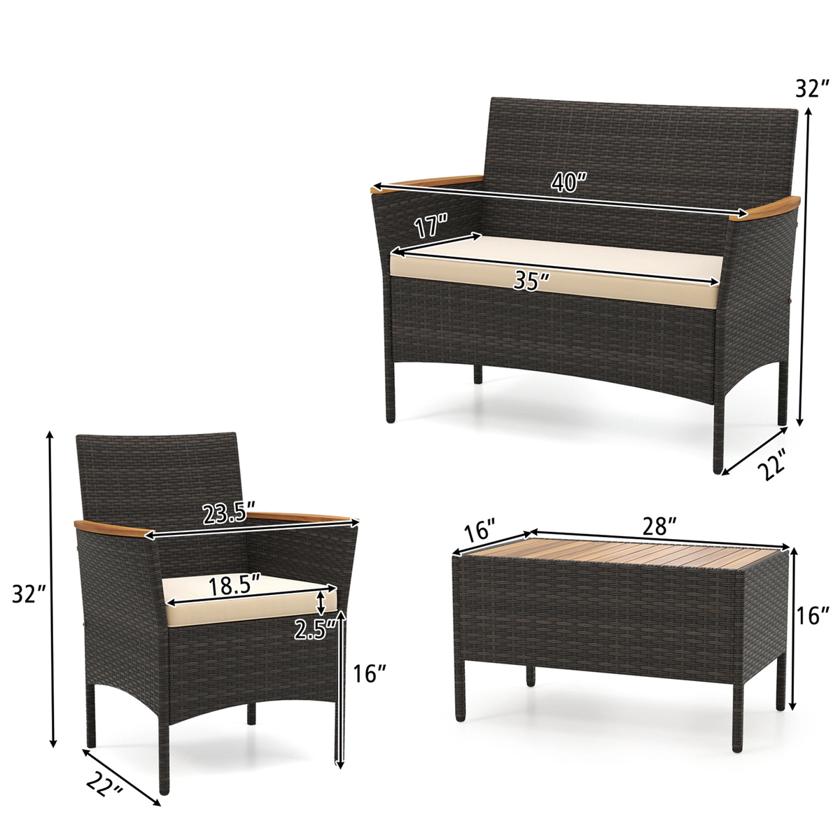 SUGIFT Patio Wicker Sofa Conversation Set with Loveseat 400/800-lb Capacity Mix Brown with Beige/Gray/Red Cushions