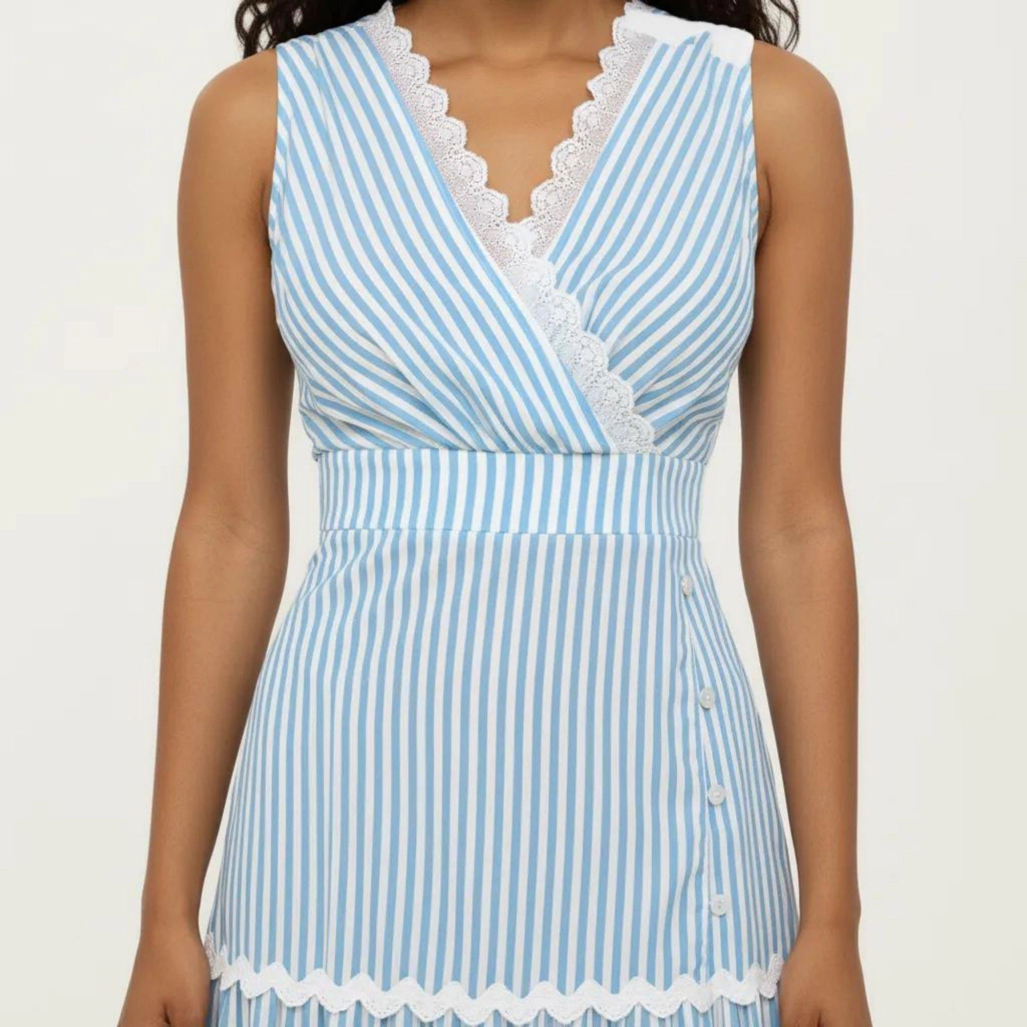 Anna-Kaci Women's Sleeveless Striped V-Neck Contrast Trim Tiered Maxi Dress