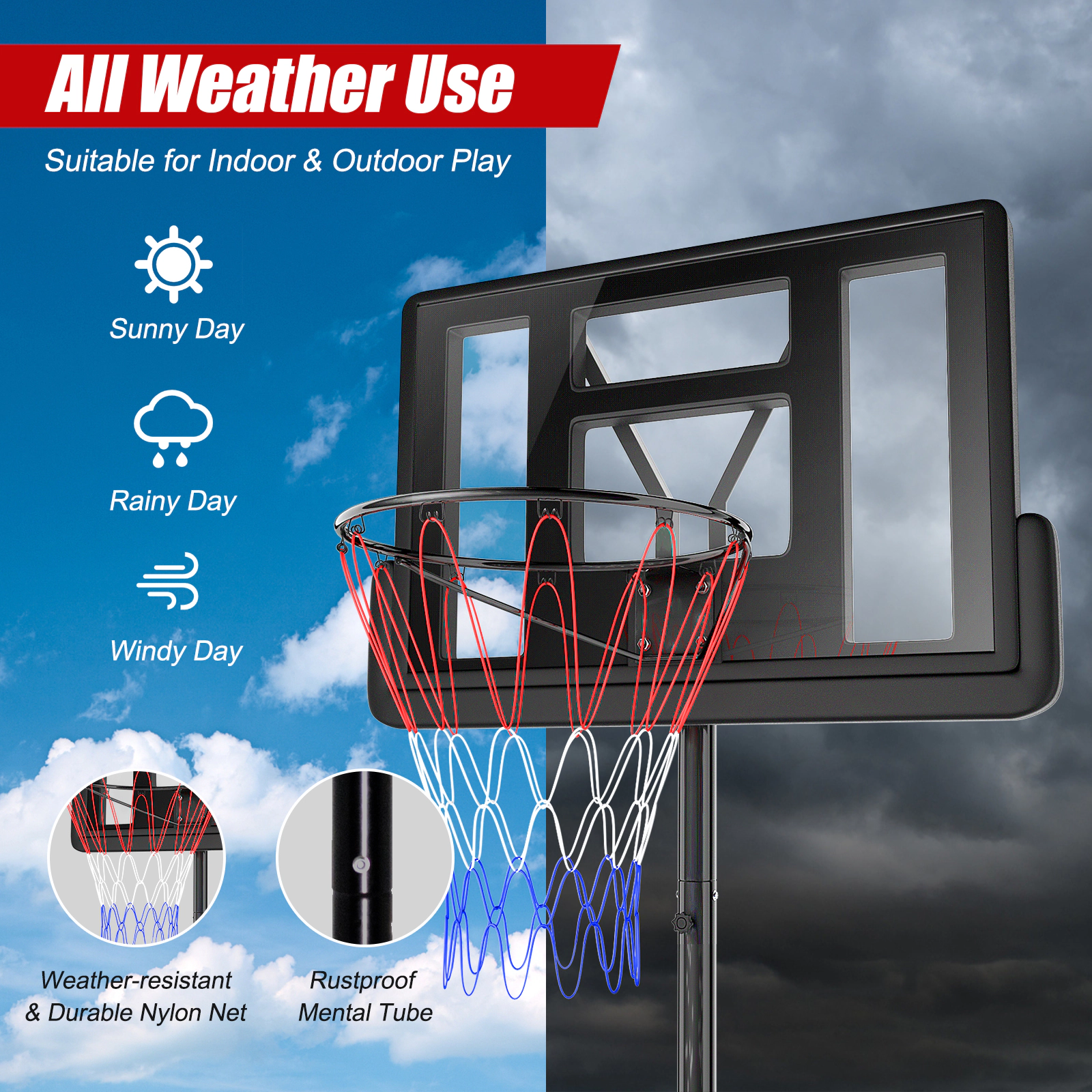 SUGIFT Black Portable Basketball Hoop with Shatterproof Backboard and 2 Nets 8.5-ft to 10-ft H 18-in Rim