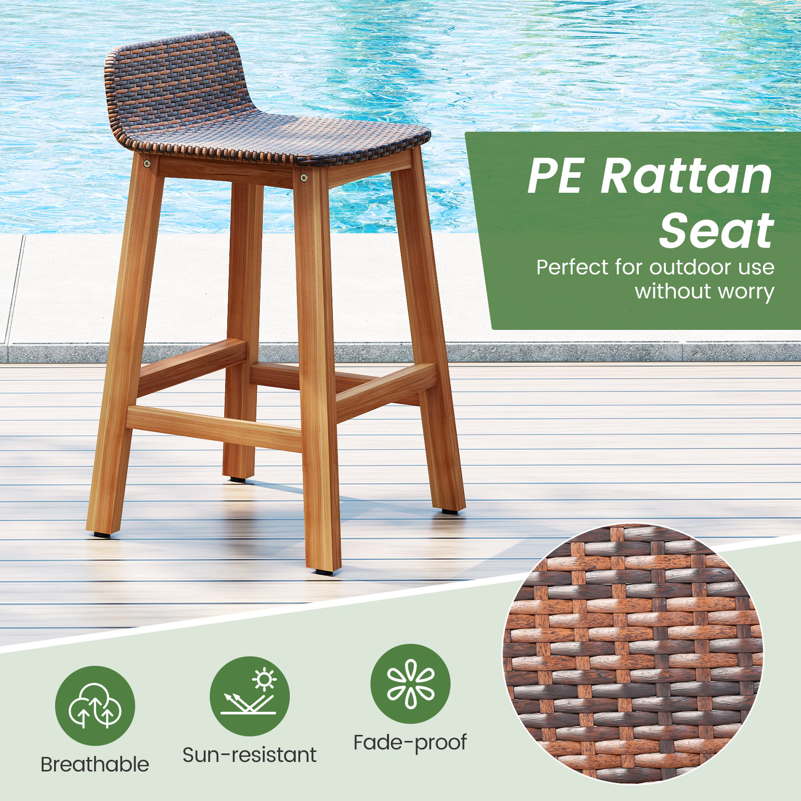 SUGIFT Porch Bar Stools with Backrests and Footrests 400-lb Capacity 26-in Seat Height Natural Brown