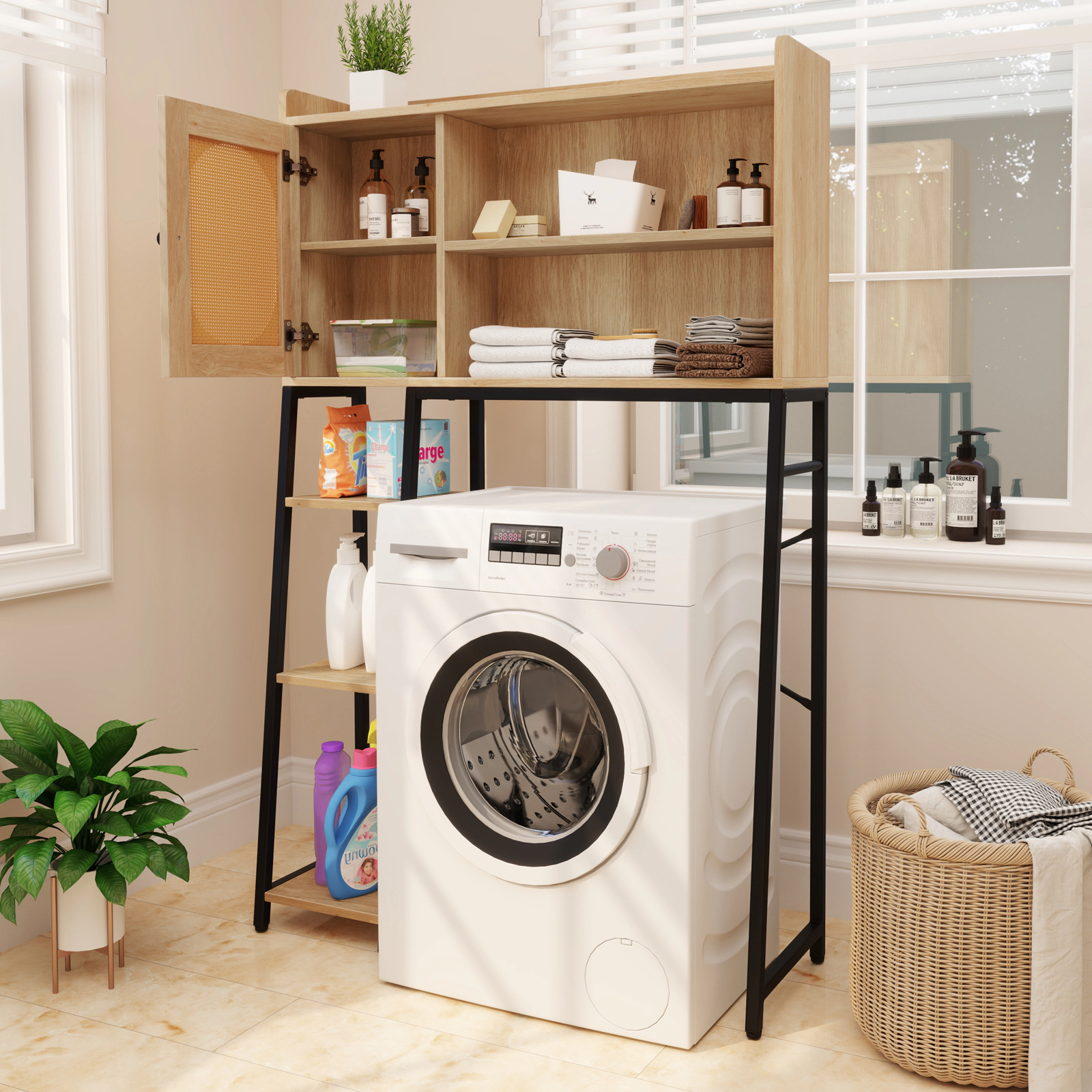 Slickblue Bathroom Over Toilet Storage Cabinet with Rattan Door and Open Shelving Unit