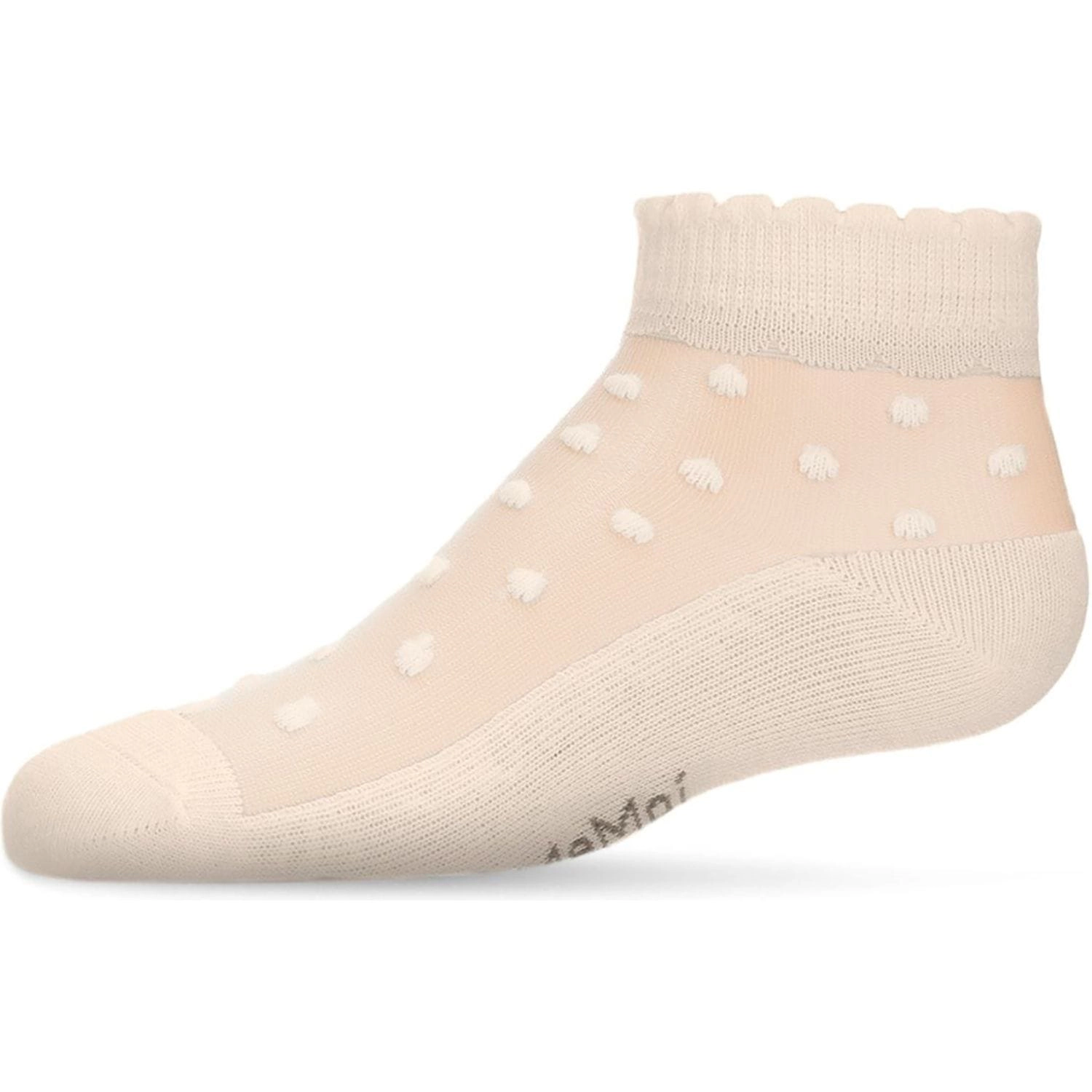 Memoi Kid Girls Sheer Cotton-Blend Flocked Dot Anklet with Scalloped Cuff