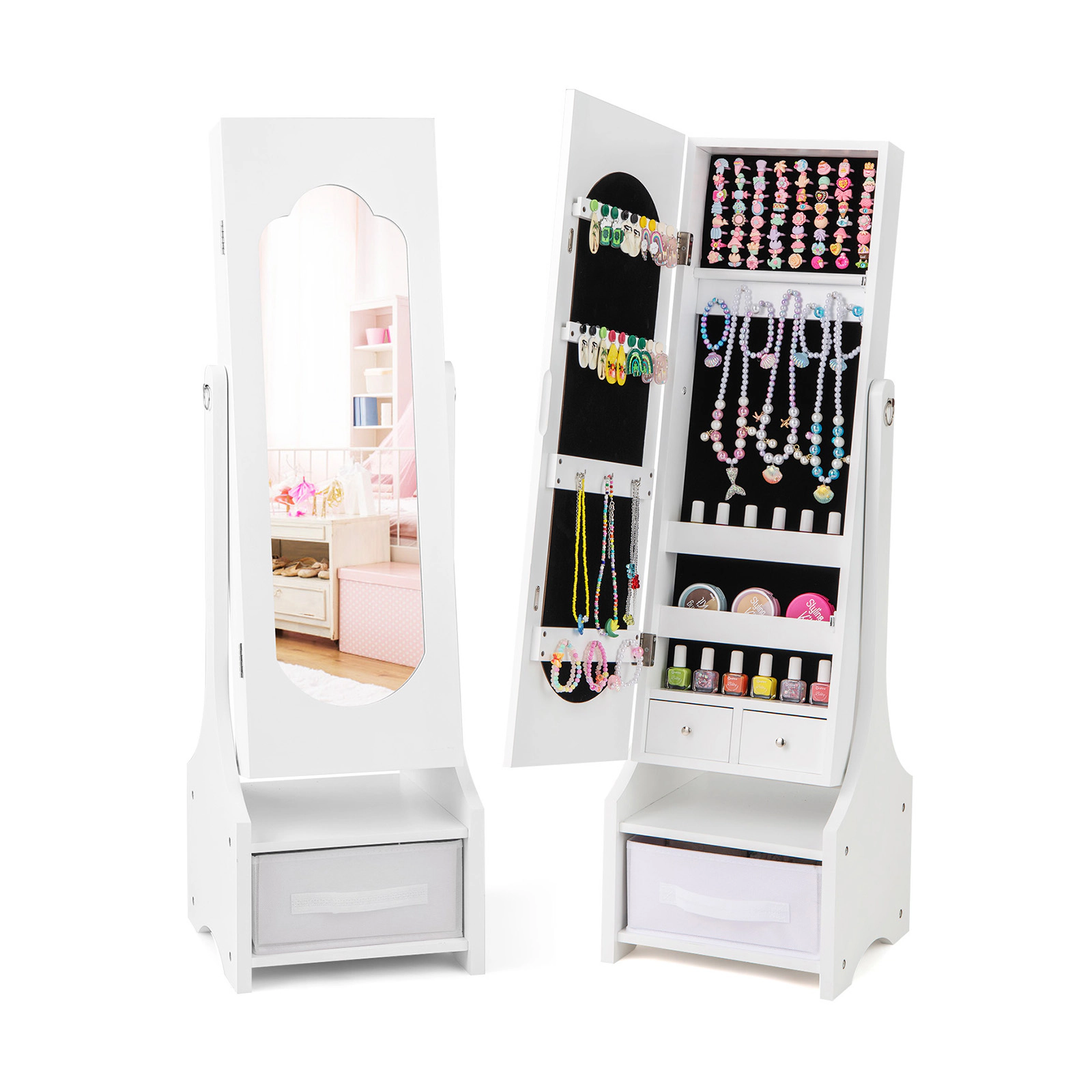 SUGIFT Kids Jewelry Armoire White Freestanding Cabinet with 2 Tilt Angles and Fabric Drawer
