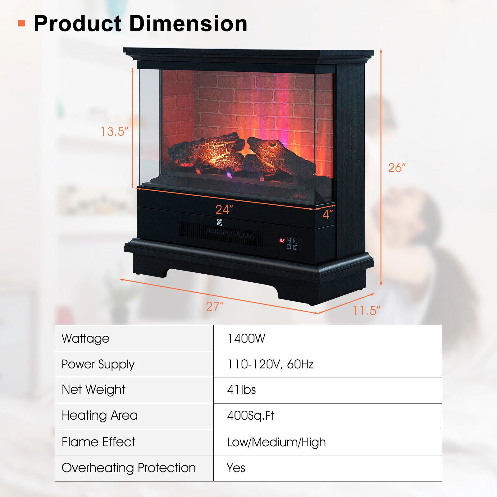 SlickBlue Steel Freestanding Electric Fireplace, 1400W, 4780 BTU, Adjustable Flame, Remote, Timer