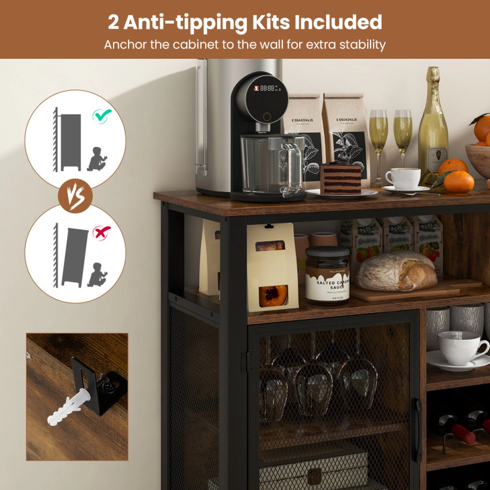 SUGIFT 55-In Buffet Sideboard with 8-Bottle Wine Racks and Wine Glass Holders 360-lb Tabletop Capacity Brown and Black
