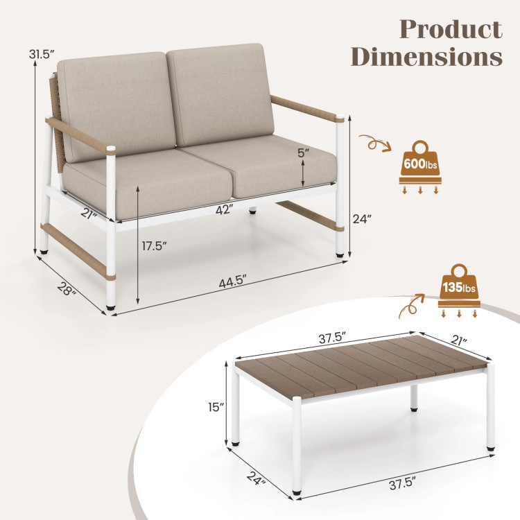 Hivvago Patio Loveseat Sofa With Coffee Table Set With Thick Cushions