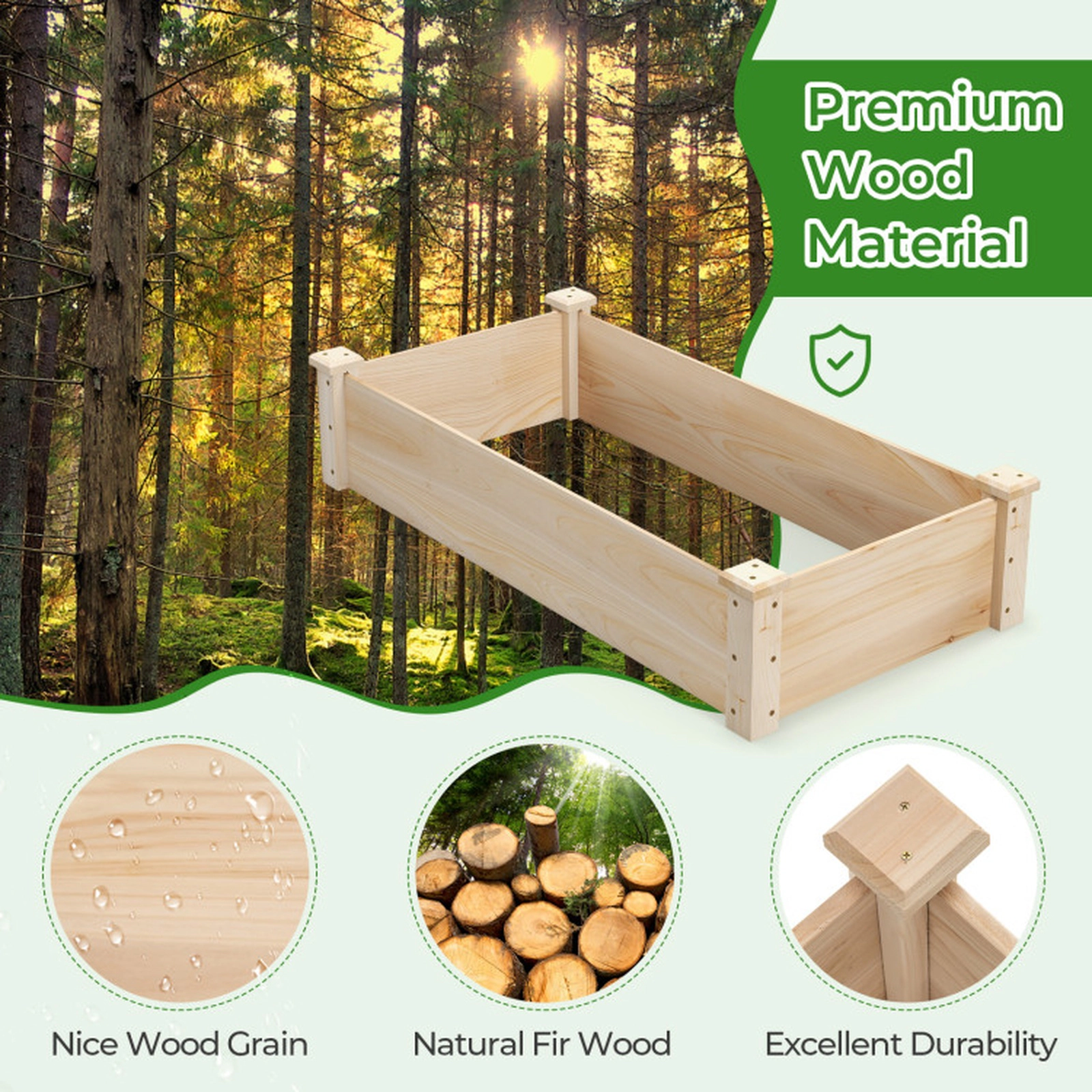 SUGIFT Fir Wood Raised Garden Bed Square Planter Box 10-in Tall Natural