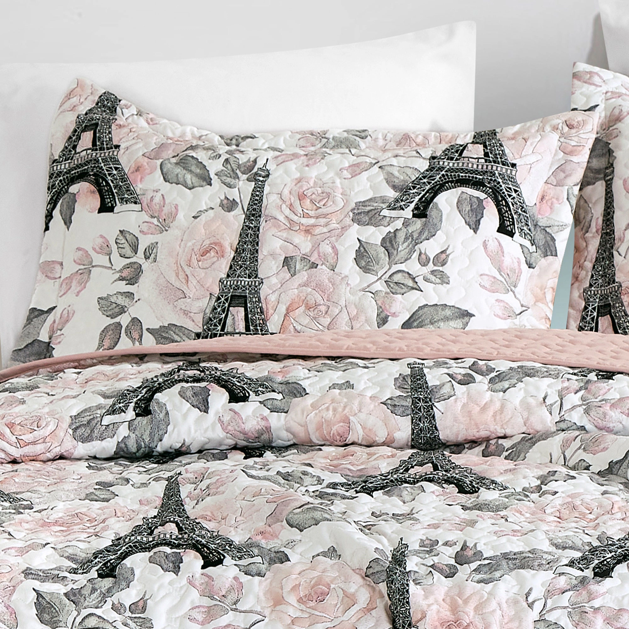 MarCielo 2/3 Piece Kids Eiffel Tower Floral Reversible Quilt Set – Paris Pink Bedspread