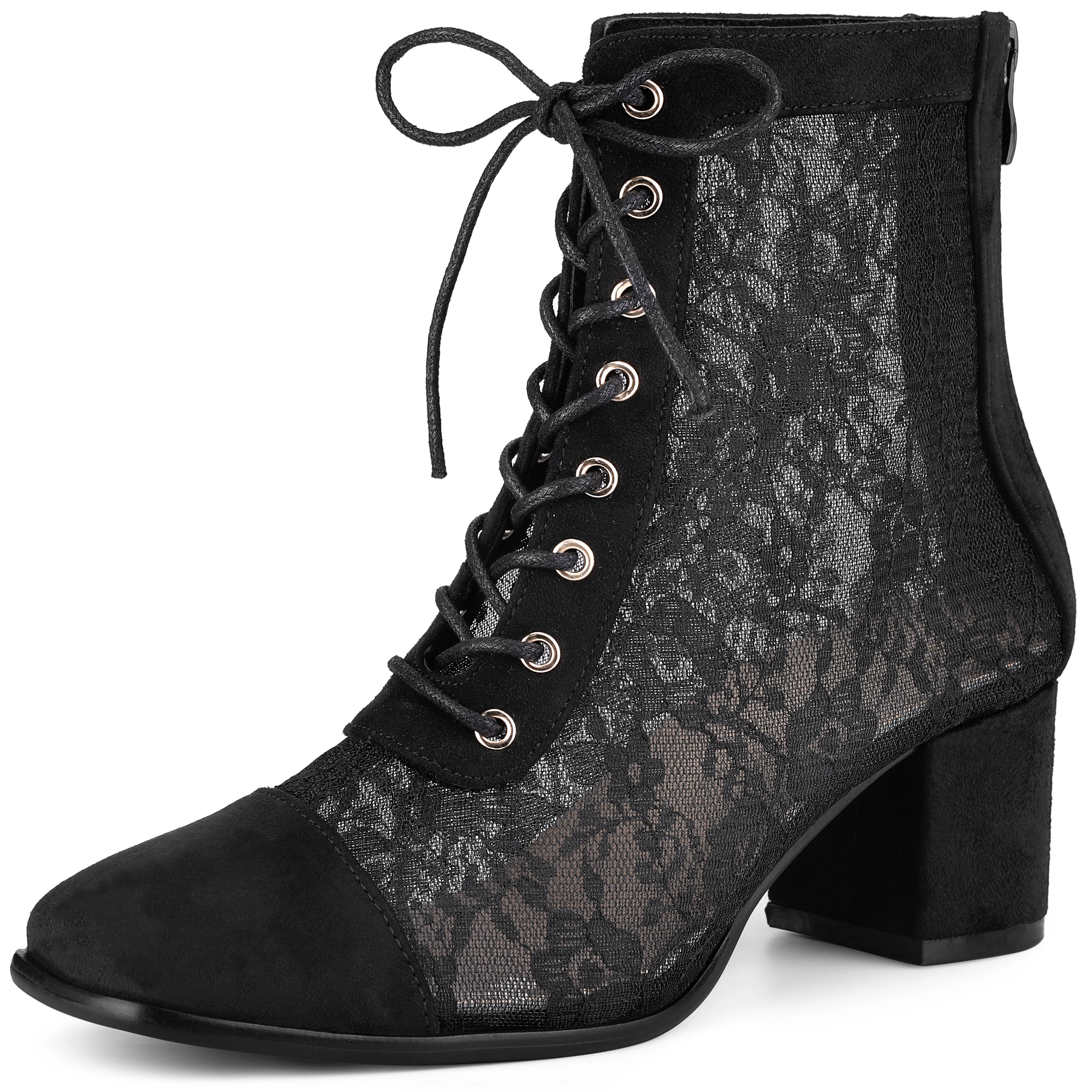BLISSFUL STEP Women Floral Lace Square Toe Up Block Heels Ankle Boots