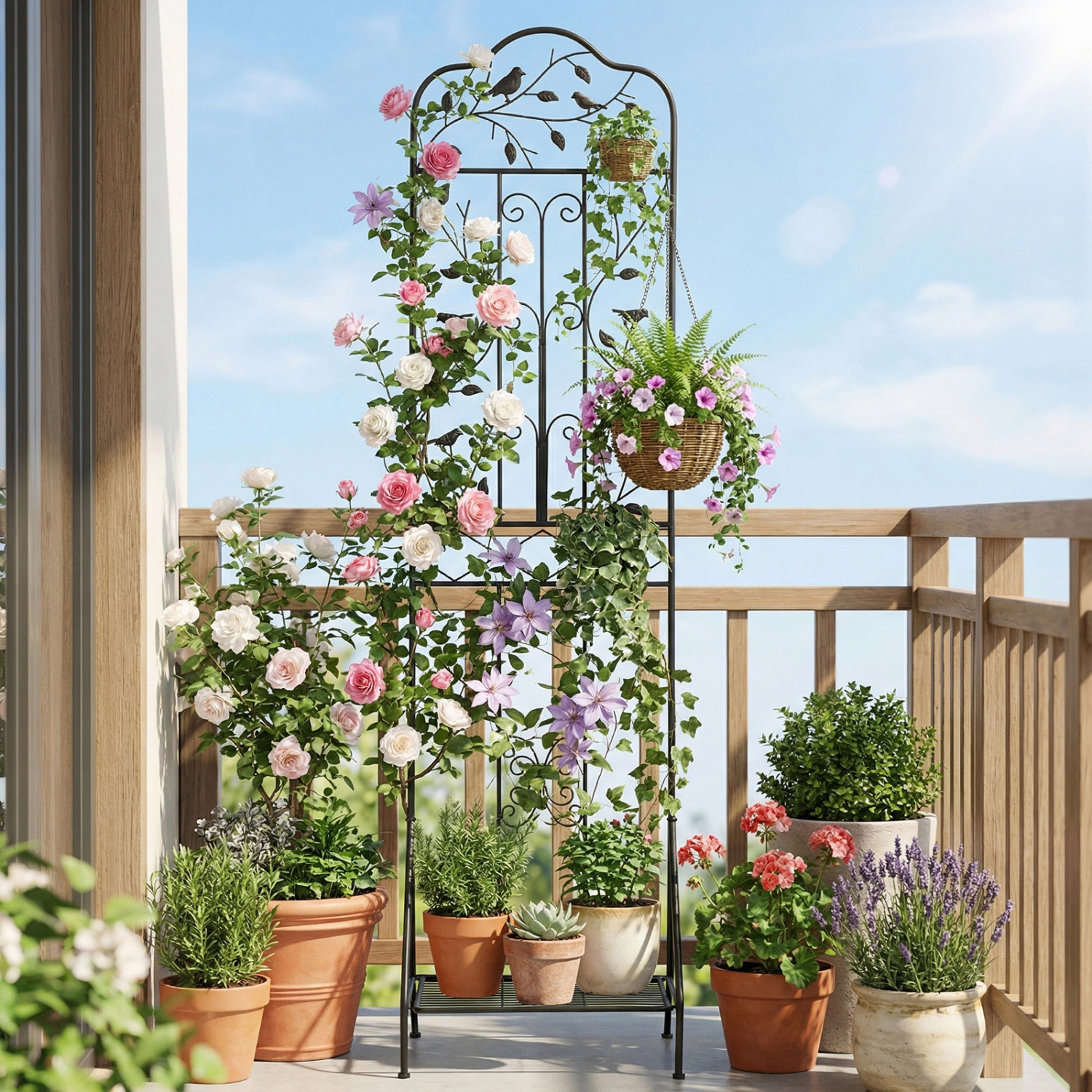 LJG 75 x 20 Inch Outdoor Metal Garden Trellis with Foldable Bottom Shelf