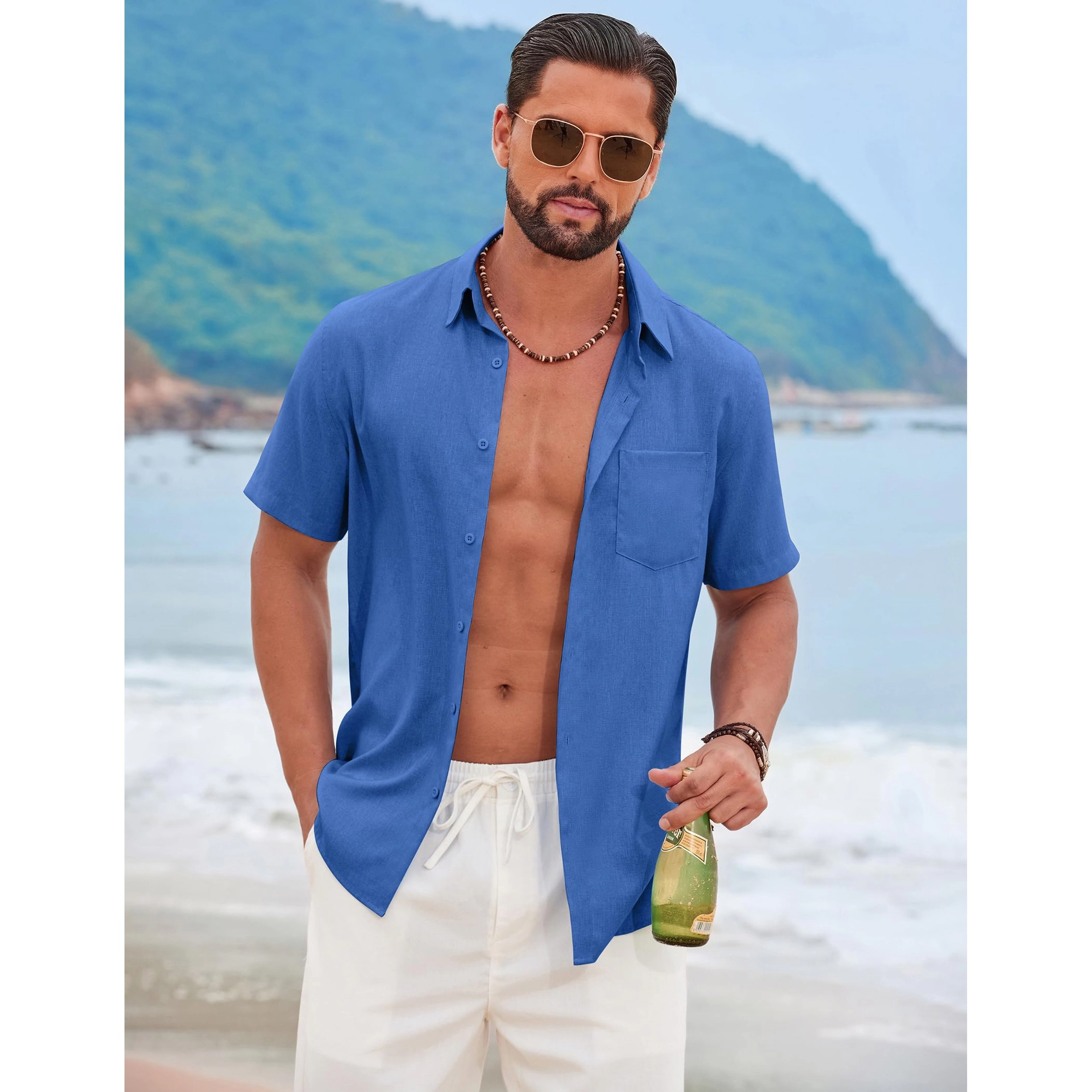 COOFANDY Mens Short Sleeve Button Down Shirt  Lapel Collar Pocket Casual Tops