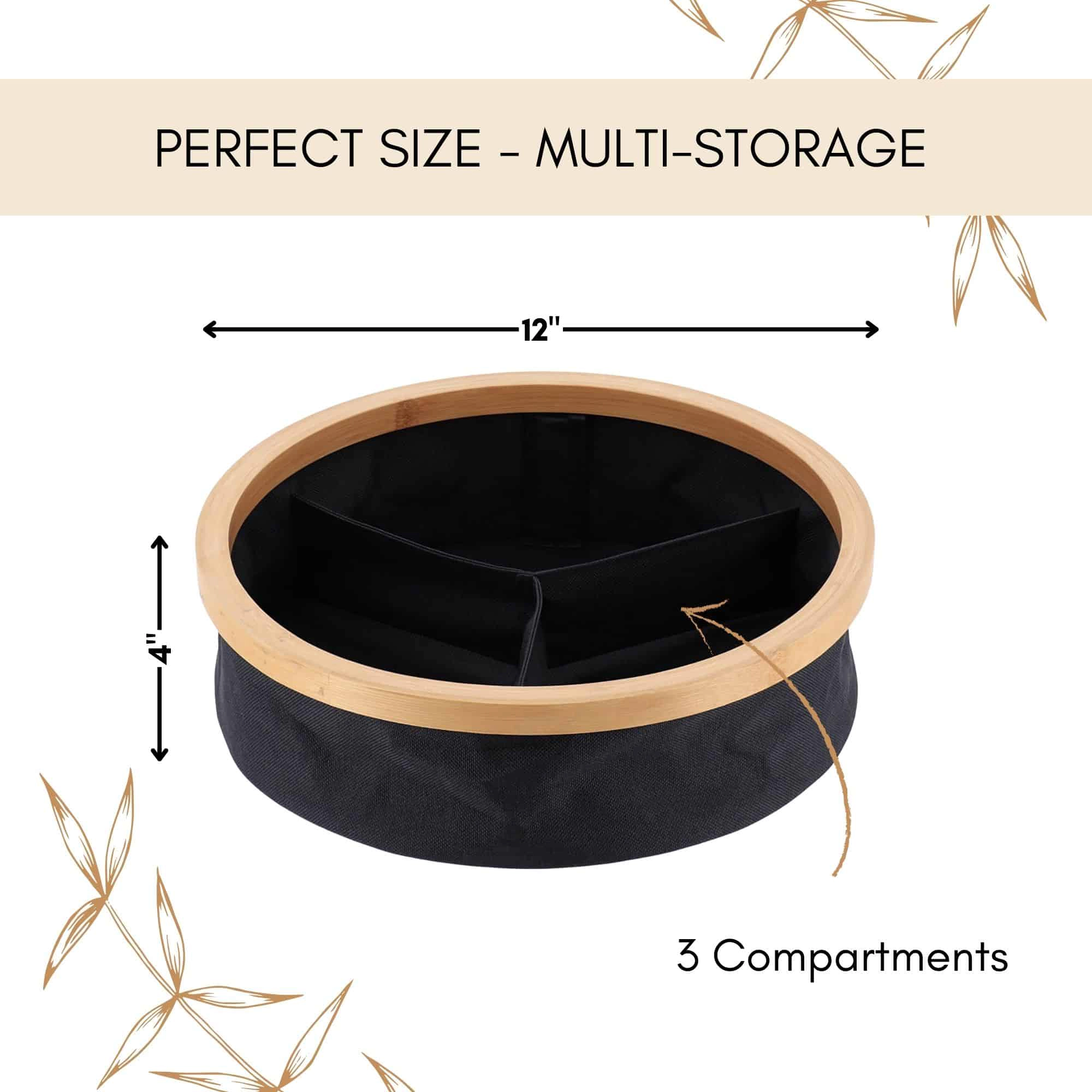 Evideco French Home Goods Round Foldable Bamboo Frame Organizer, 12 x 4 in, 3 Compartments