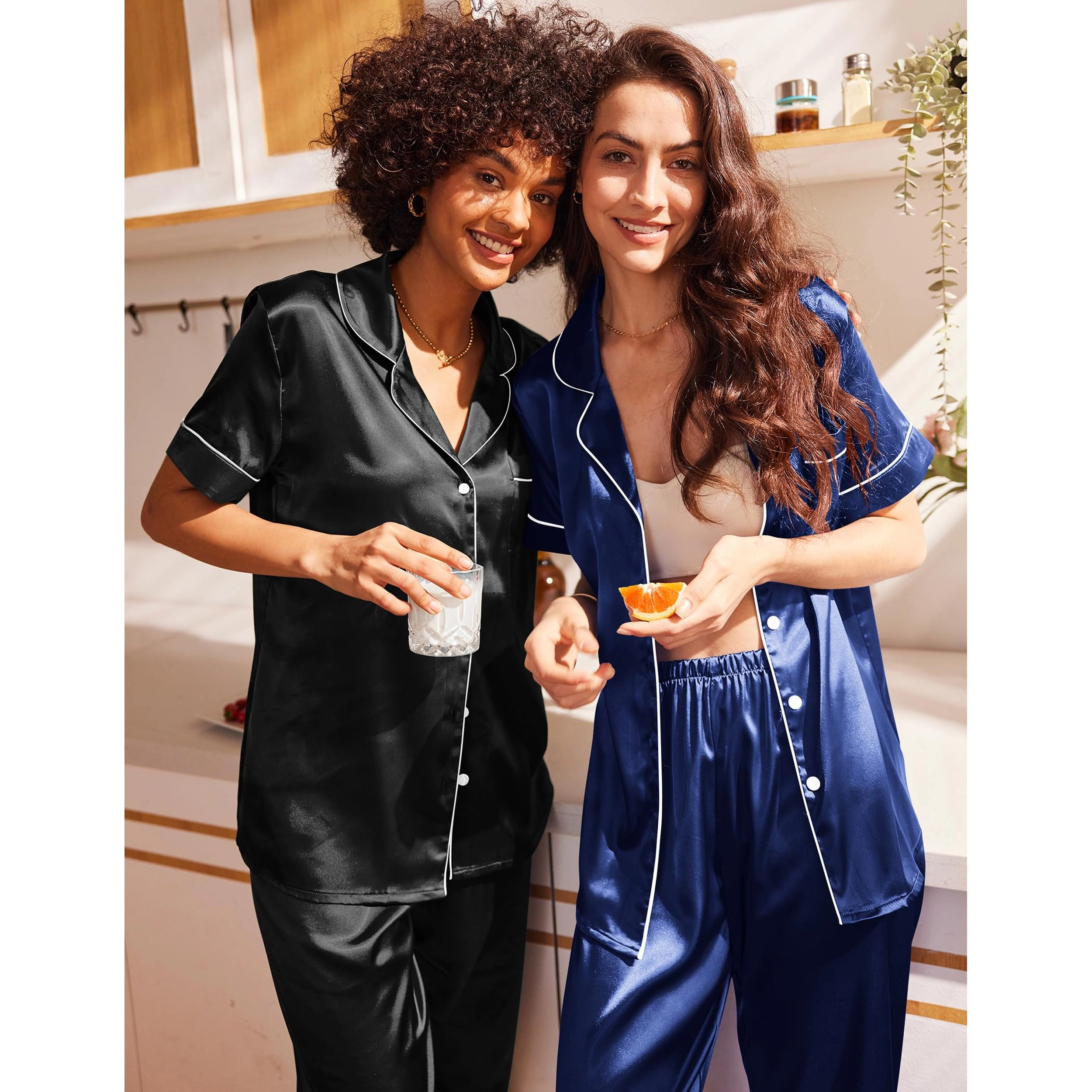 Ekouaer Women's Satin Notched Collar Short Sleeve 2 Piece Pajama Set
