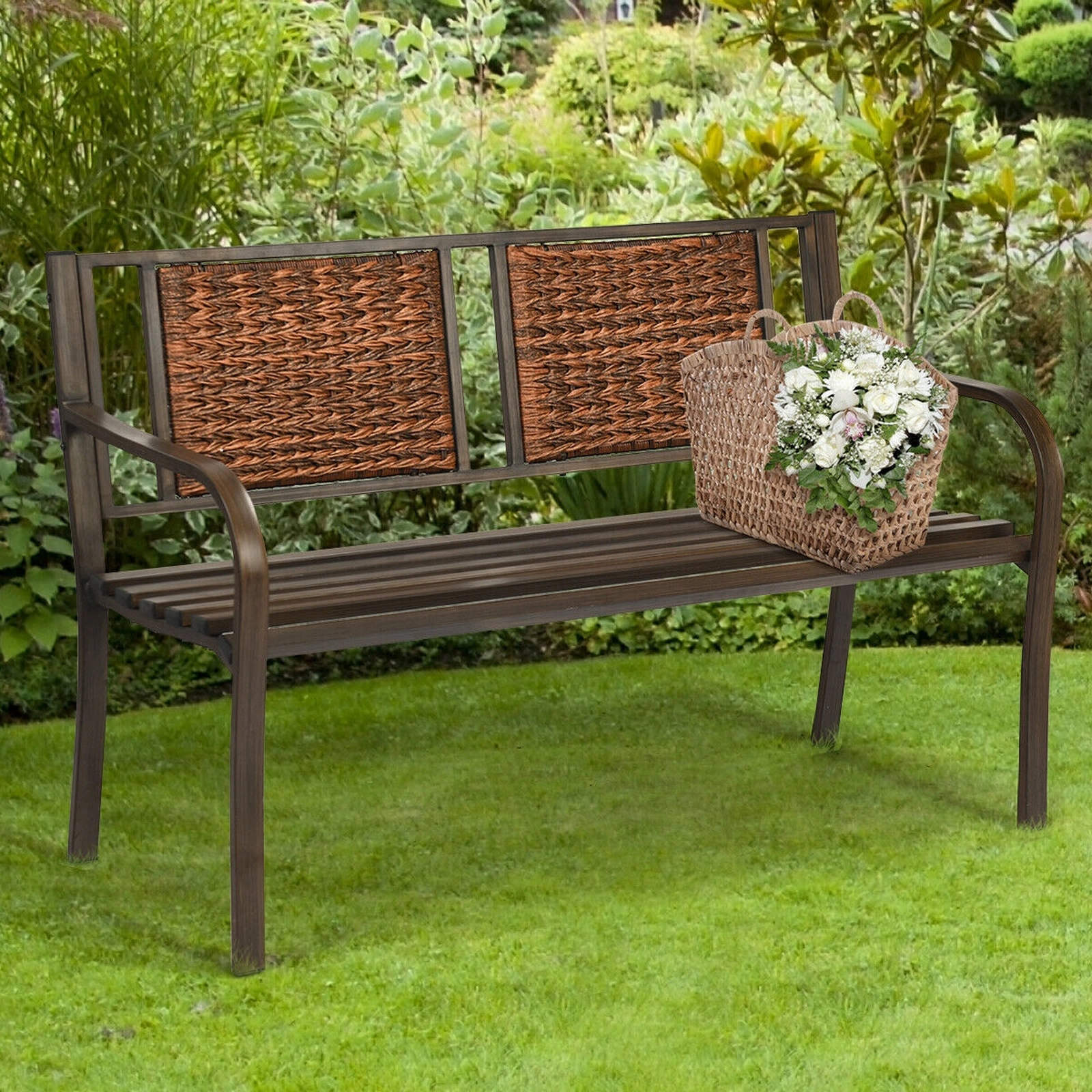 SUGIFT Patio Garden Bench with PE Rattan Back and Powder Coated Steel Frame 500-lb Capacity Bronze