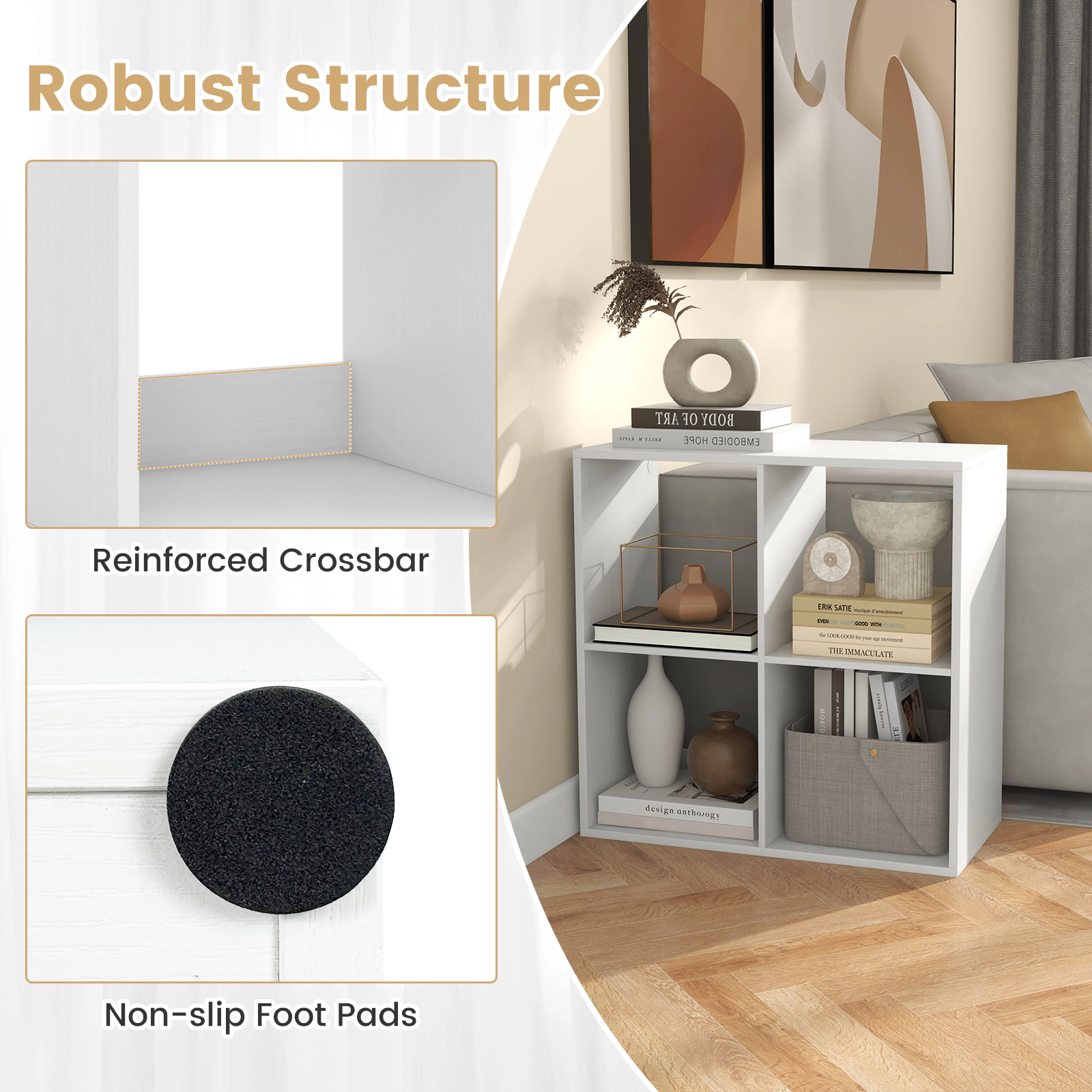 SUGIFT 4-Cube Engineered Wood Bookshelf with Back Guardrail 100-lb Tabletop Capacity 22-lb Cubes 27.5-in Frame White