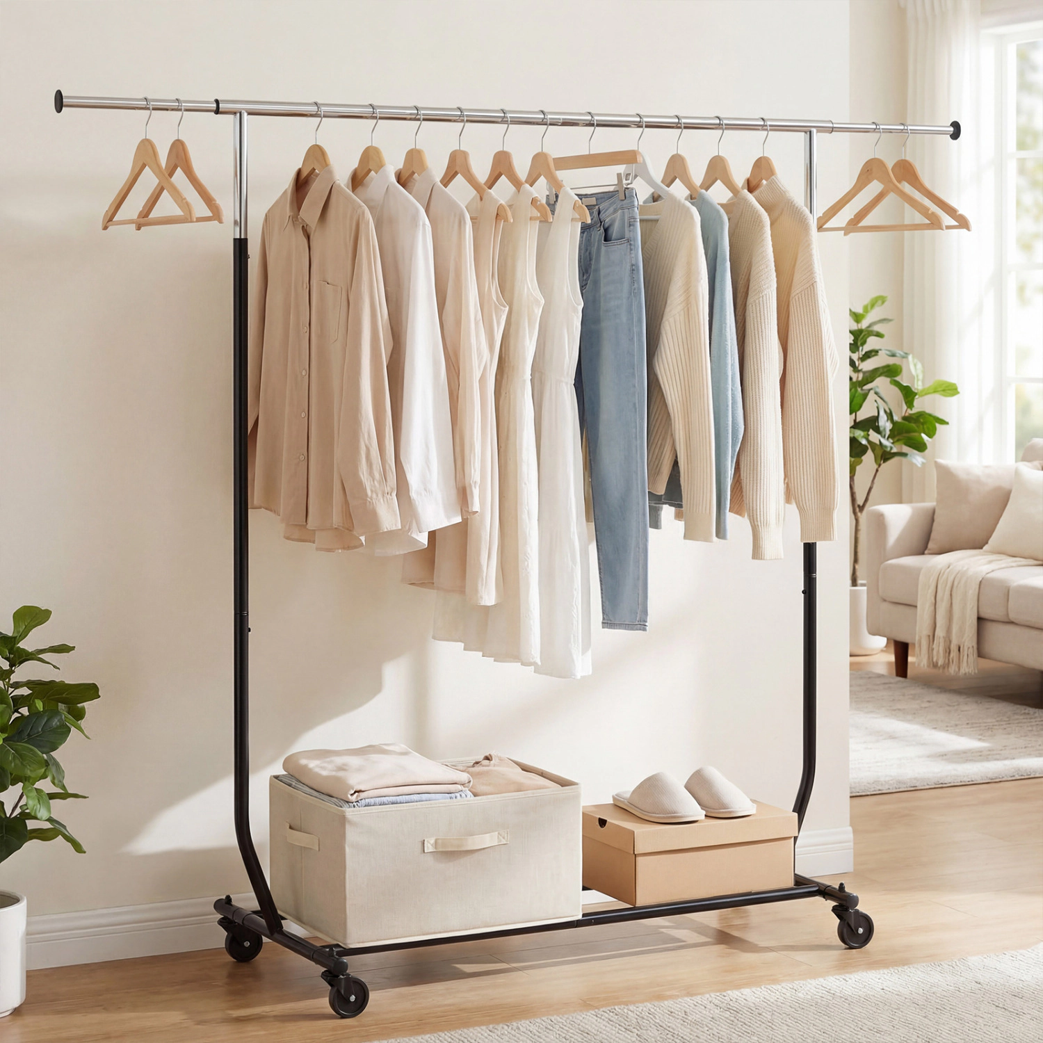 SUGIFT Rolling Clothes Rack Extendable Garment Stand with 90-lb Main Rod Capacity Black + Silver