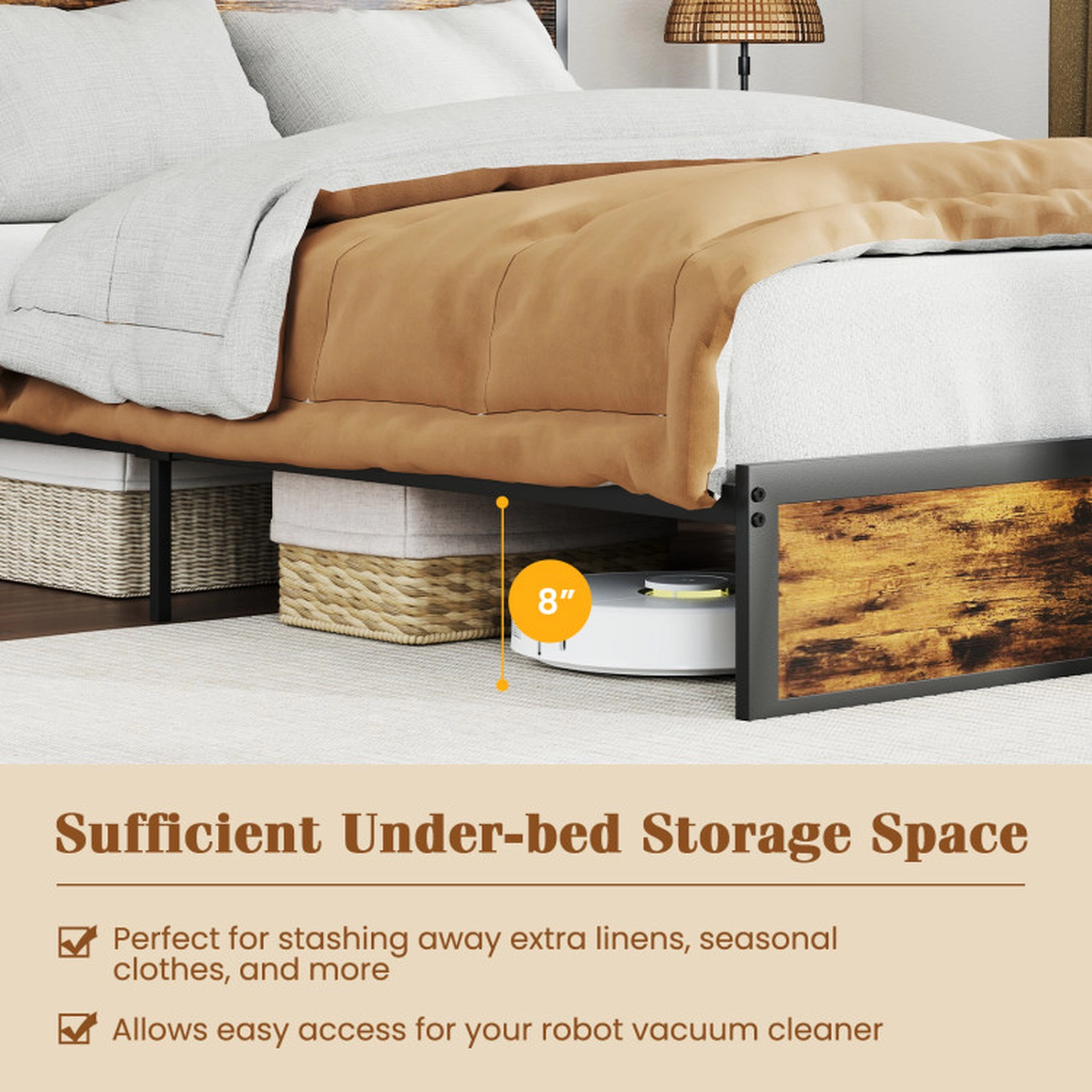 SUGIFT Storage Headboard Metal Platform Bed Frame 660-lb Capacity Queen Rustic Brown with Outlets and USB
