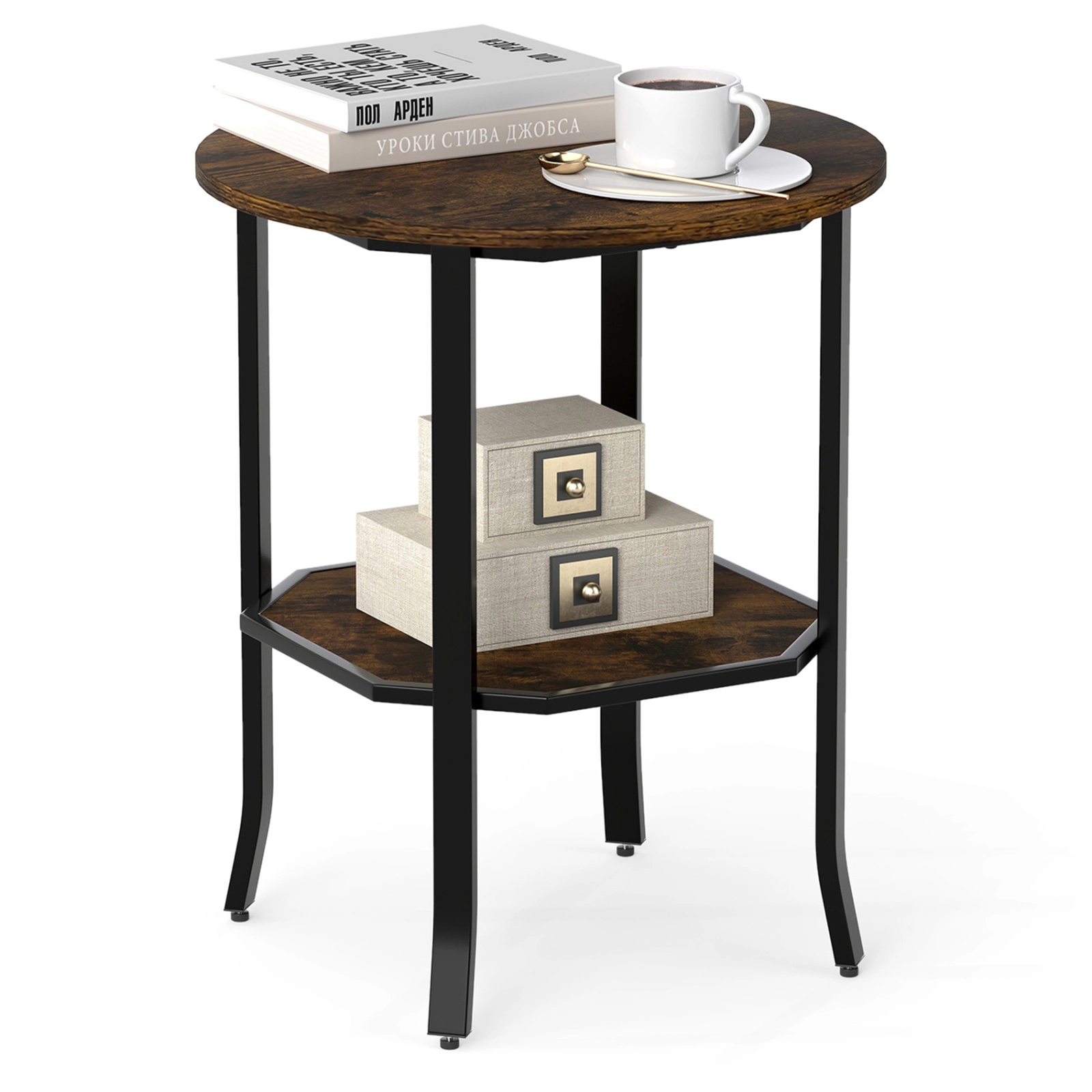 SUGIFT Round Small End Table 2-Tier Storage Shelf 90-lb Tabletop Capacity 20 x 24 in Frame Rustic Brown & Black