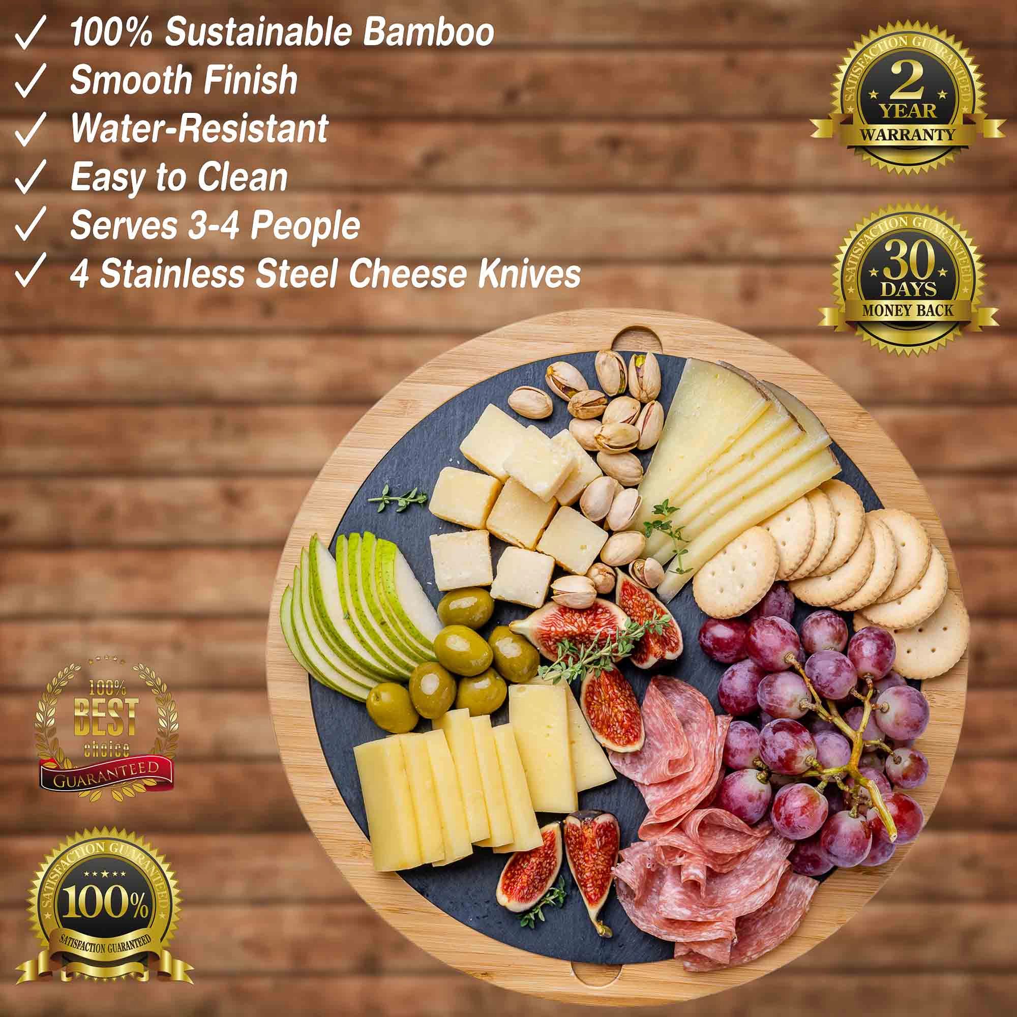 Round Bamboo Cheese Board with Knife Set and Removable Slate - 12 inch Swiveling Charcuterie Board