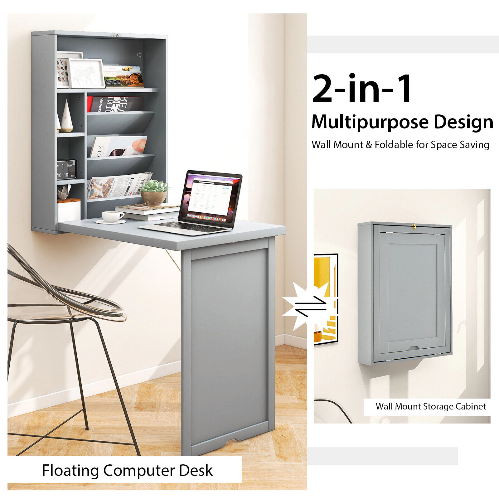 SUGIFT 36-in Wall Mounted Fold-Out Convertible Floating Desk with Adjustable Shelves and Storage
